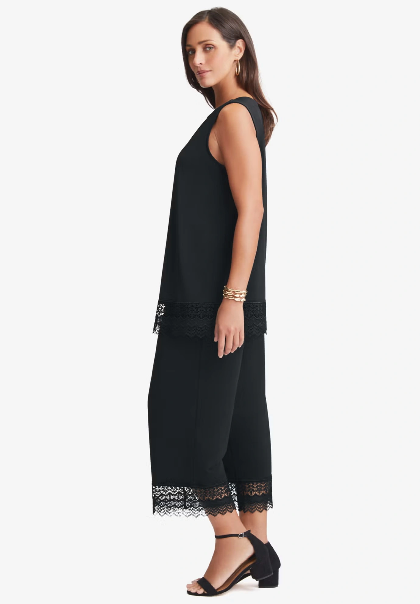 2-Piece Stretch Knit Lace Trim Crop Set 3 2-Piece Stretch Knit Lace Trim Crop Set