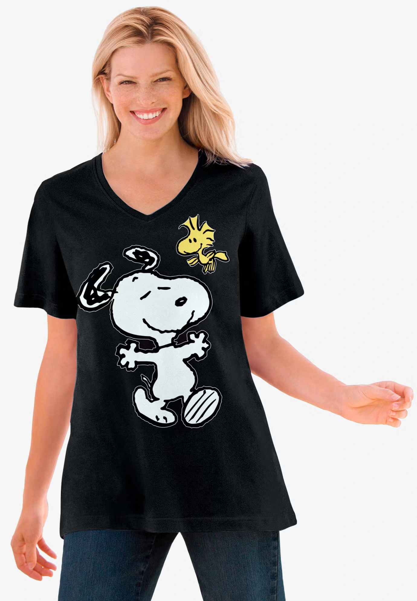 Peanuts Black Snoopy Woodstock V-neck Tee