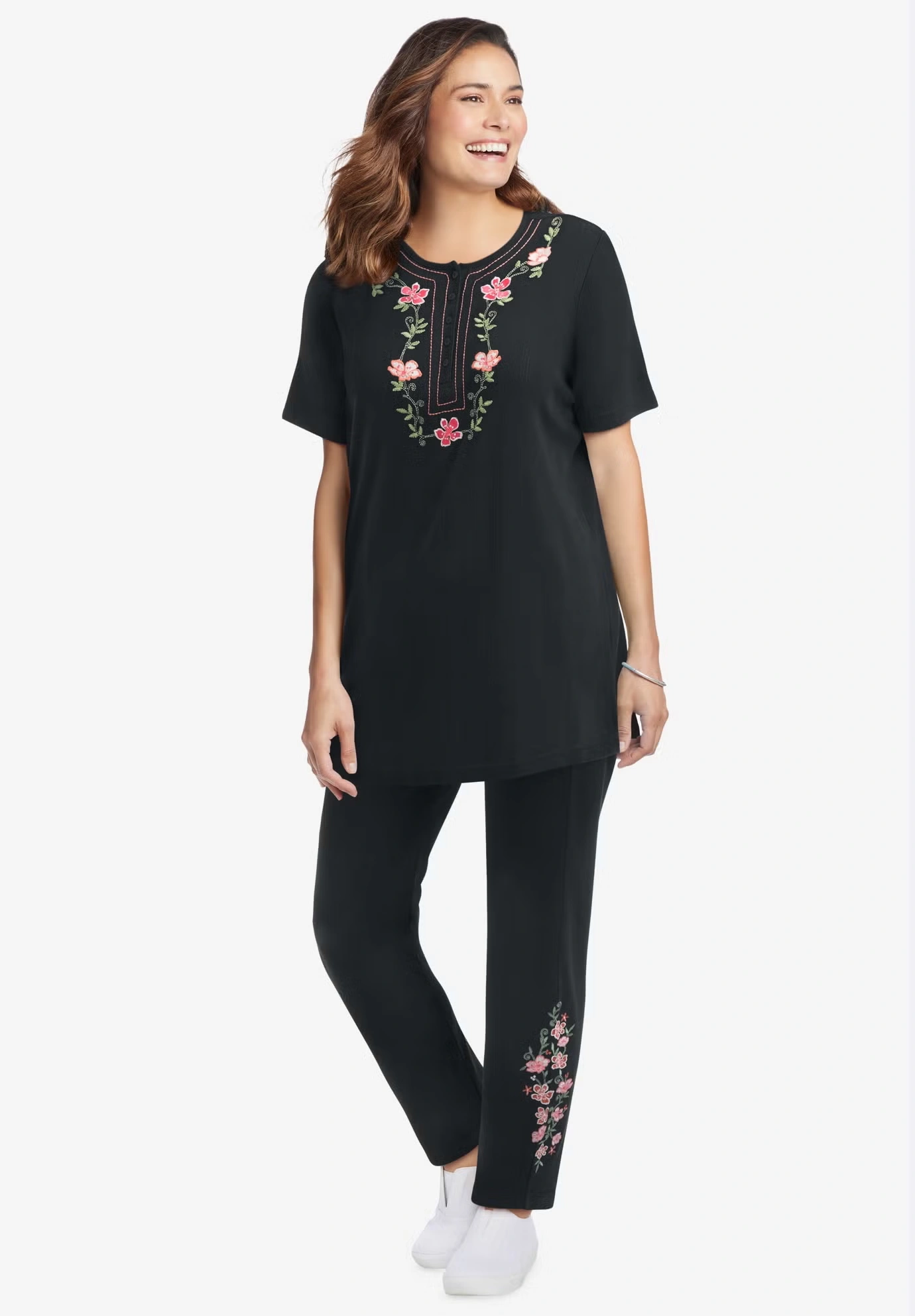 7-Day Knit Embroidered Straight-Leg Pull-On Pants