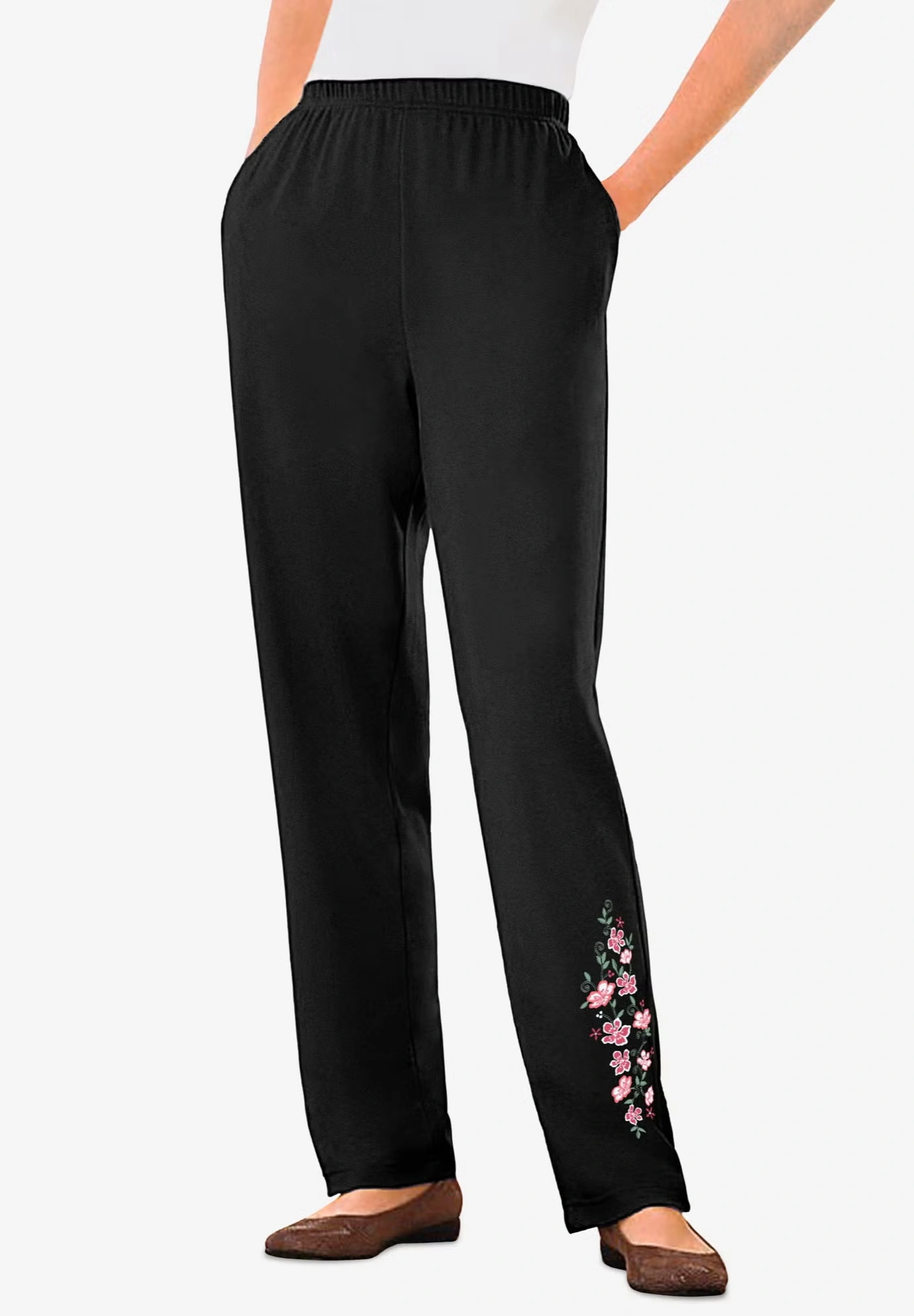 7-Day Knit Embroidered Straight-Leg Pull-On Pants