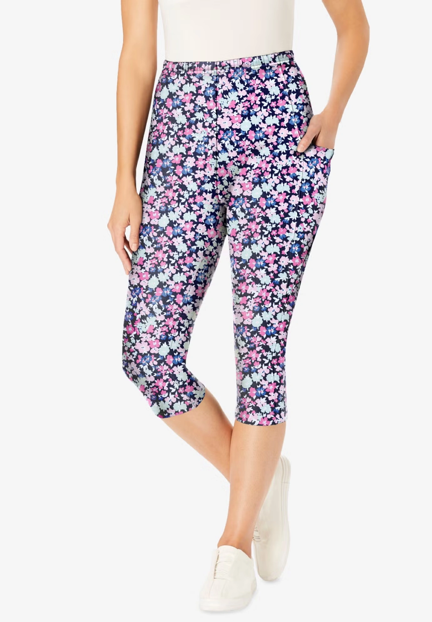 Stretch-Cotton Knit Pull-On Printed Pocket Capri Leggings