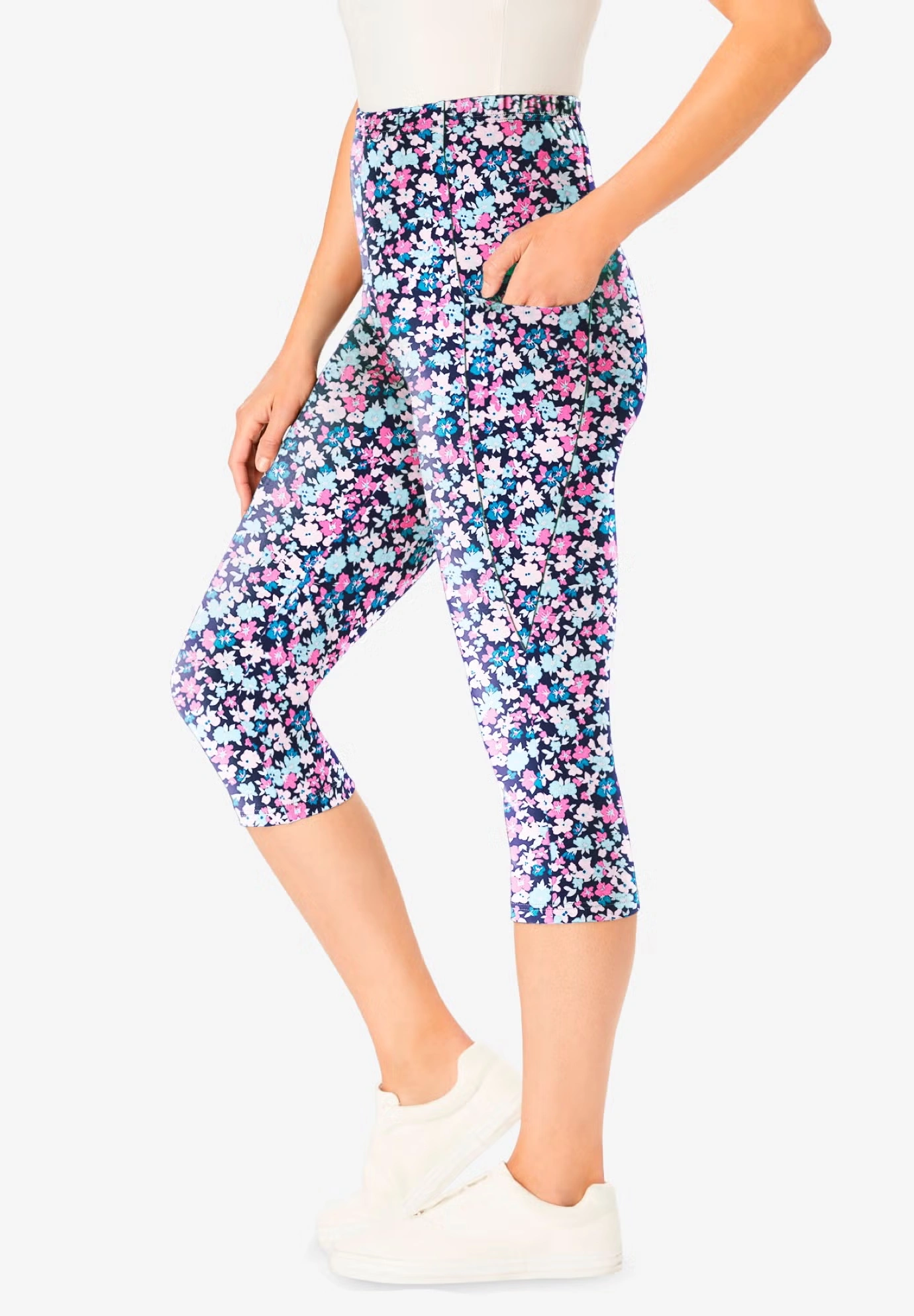 Stretch-Cotton Knit Pull-On Printed Pocket Capri Leggings 3 Stretch-Cotton Knit Pull-On Printed Pocket Capri Leggings