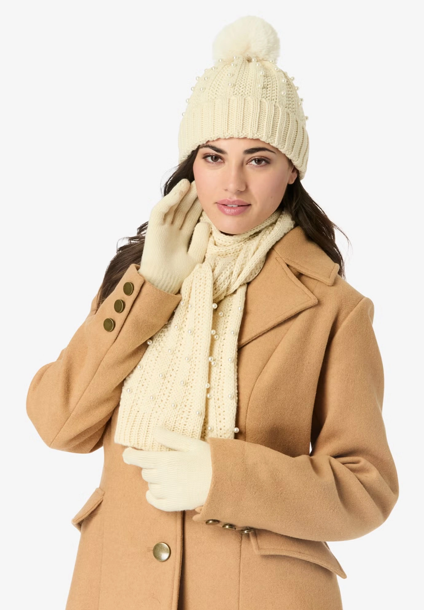Pearl-Embellished Cable-Knit Hat, Scarf and Glove Set.