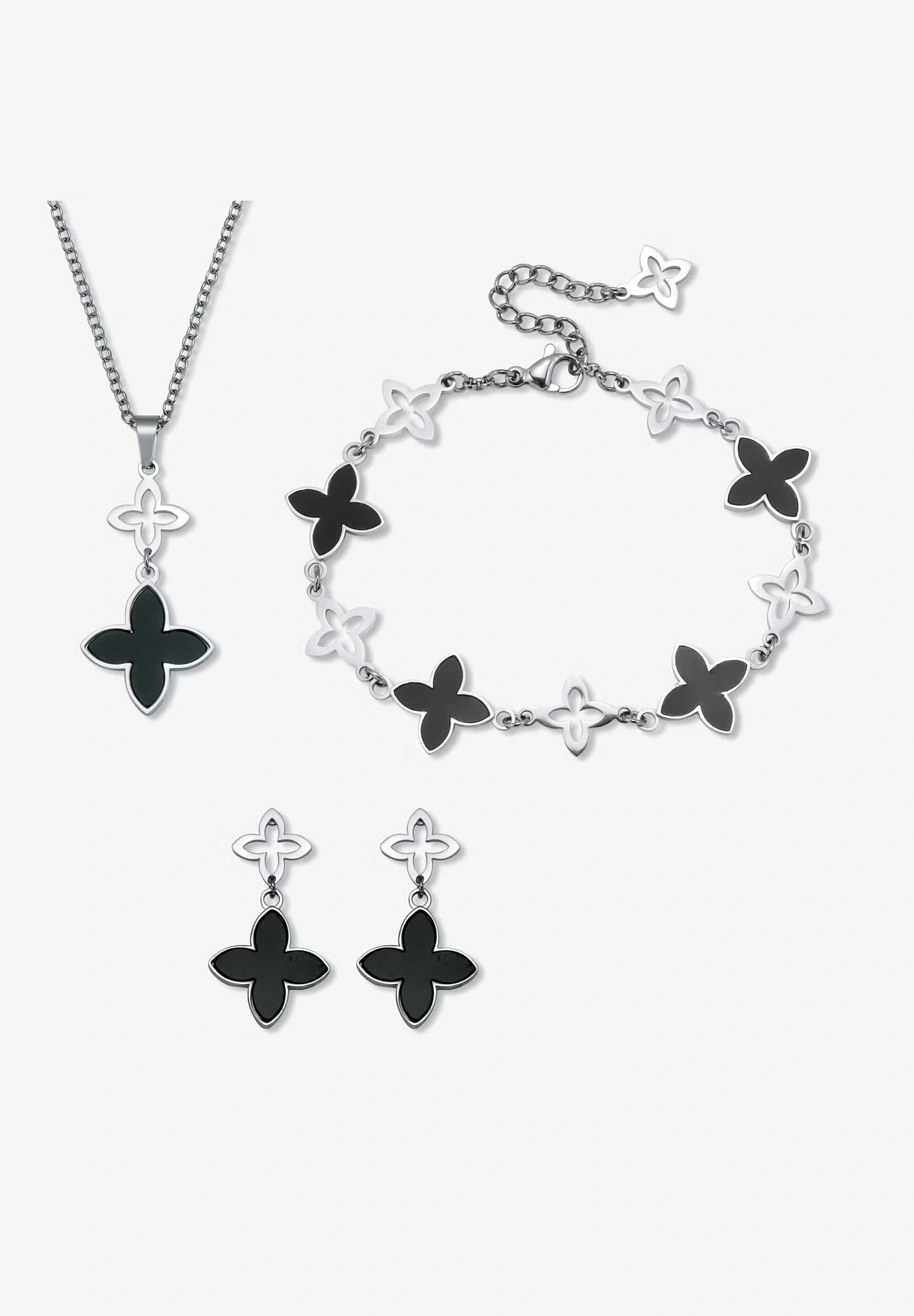 Genuine Black Mother Of Pearl Stainless Steel Clover Jewelry Set Jewelry