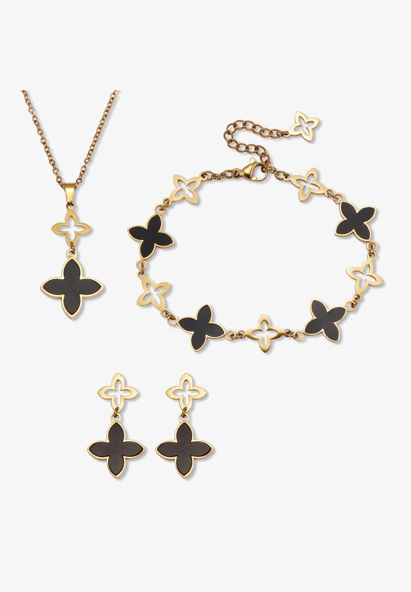 Genuine Black Mother Of Pearl Gold Ion-Plated Stainless Steel Clover Jewelry Set