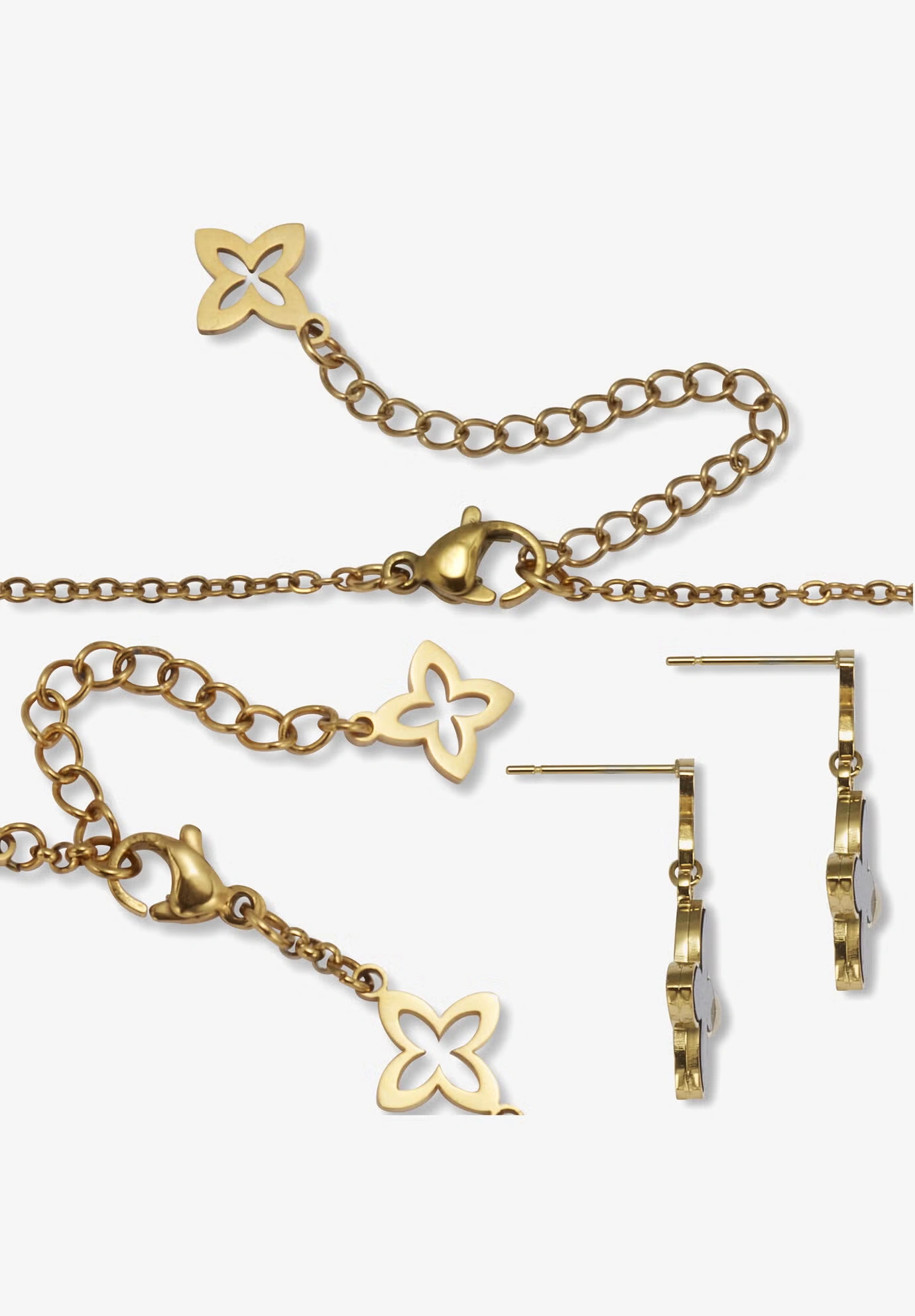 Genuine Black Mother Of Pearl Gold Ion-Plated Stainless Steel Clover Jewelry Set