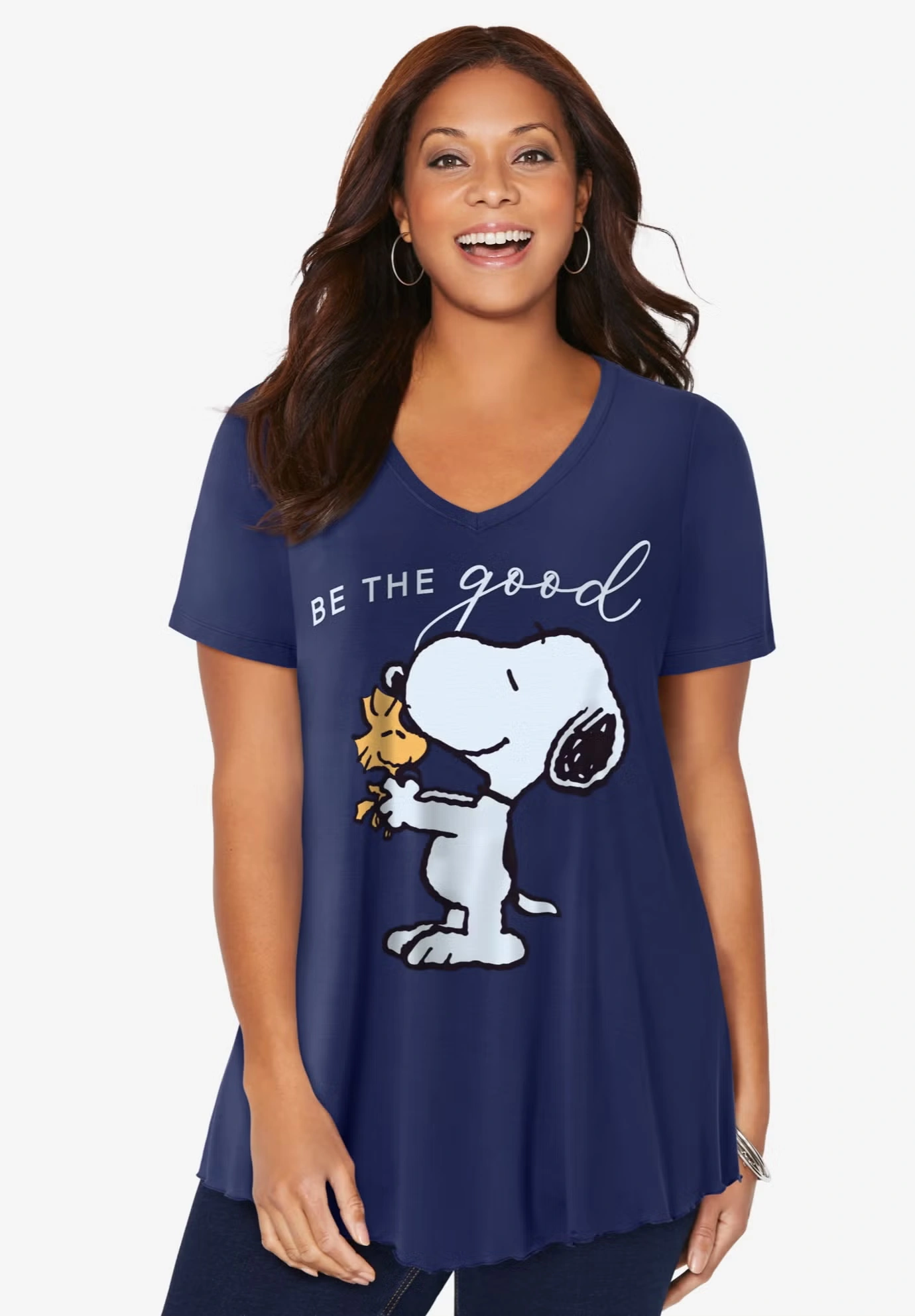 Navy Snoopy V-neck Point Hem Tee