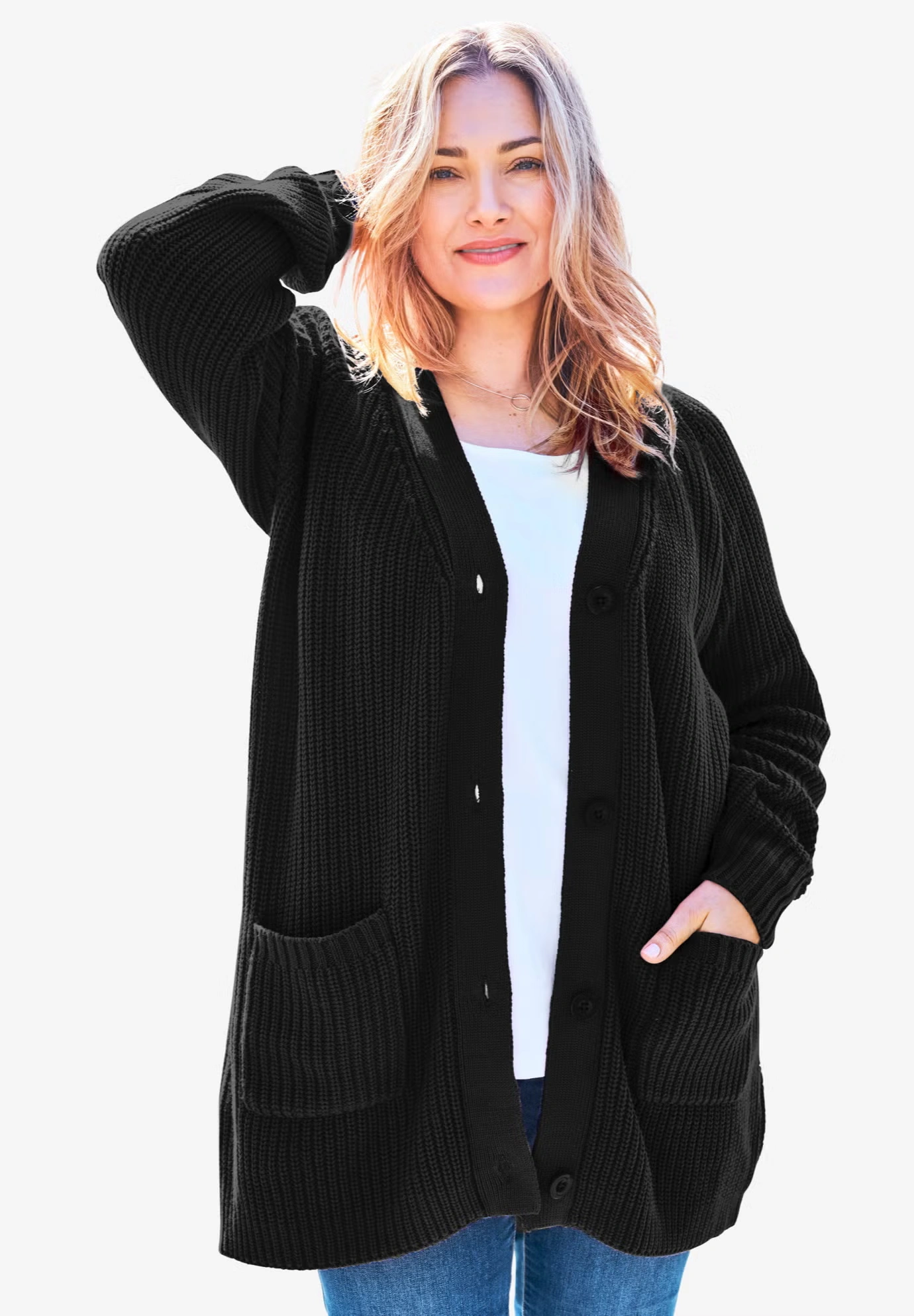 Button-Front Shaker Cardigan