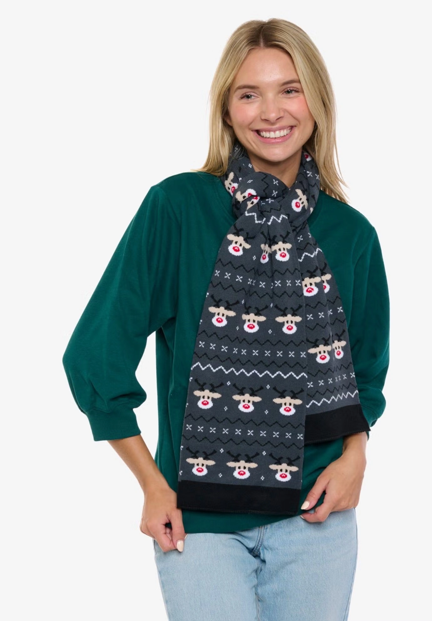 Womens Christmas Reindeer Knit Scarf 70" Fair Isle Double Sided Print