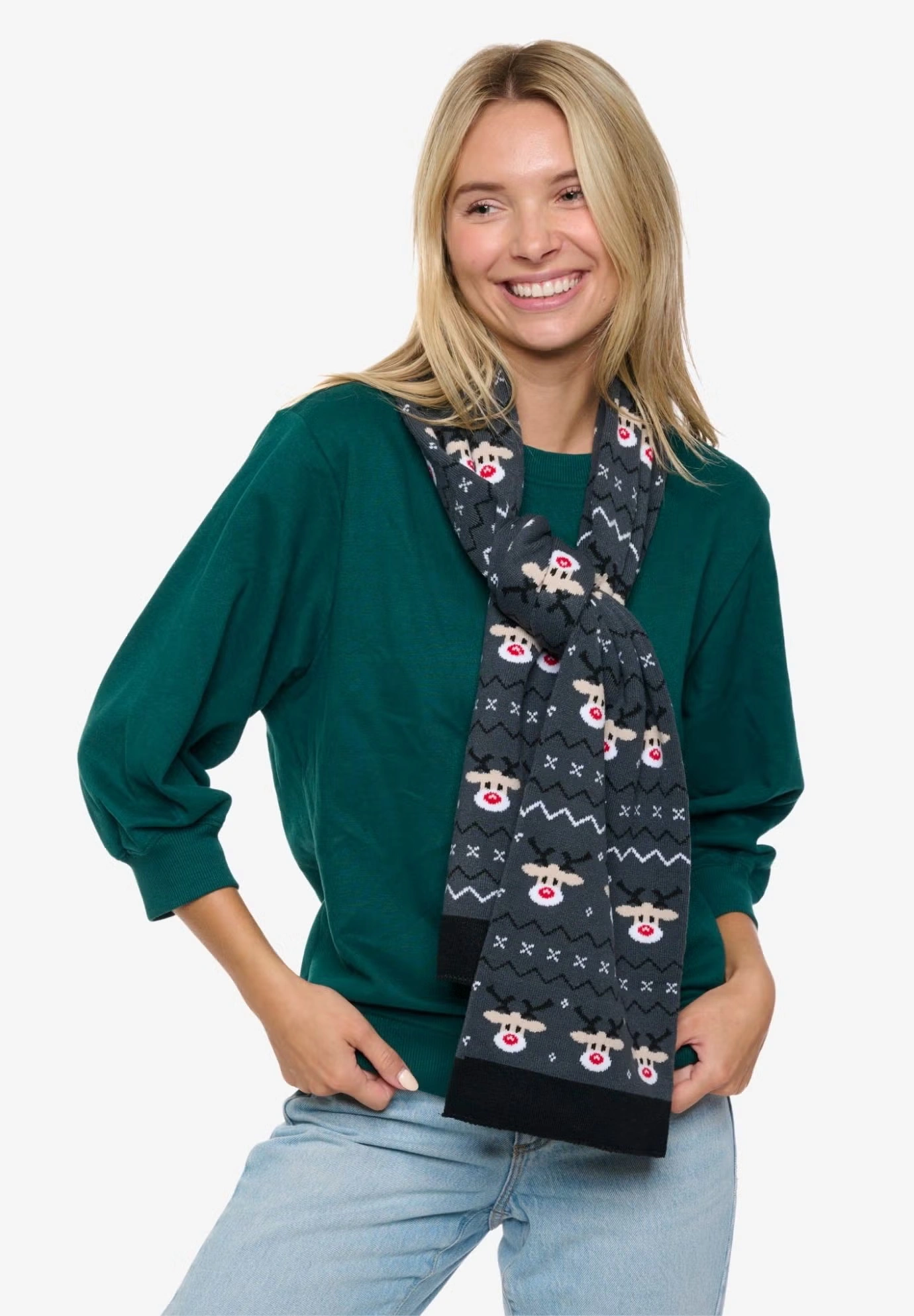 Womens Christmas Reindeer Knit Scarf 70" Fair Isle Double Sided Print