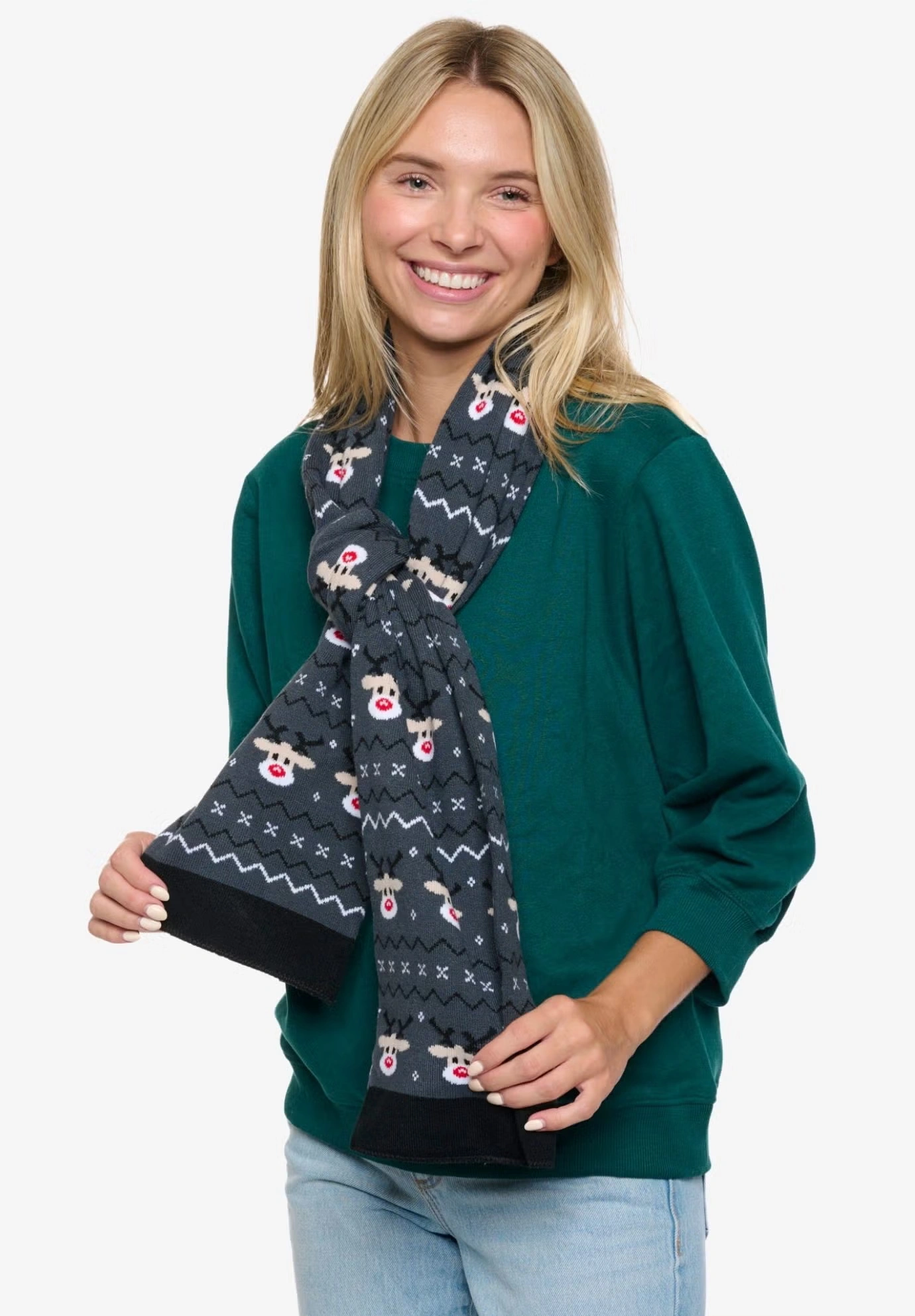 Womens Christmas Reindeer Knit Scarf 70" Fair Isle Double Sided Print