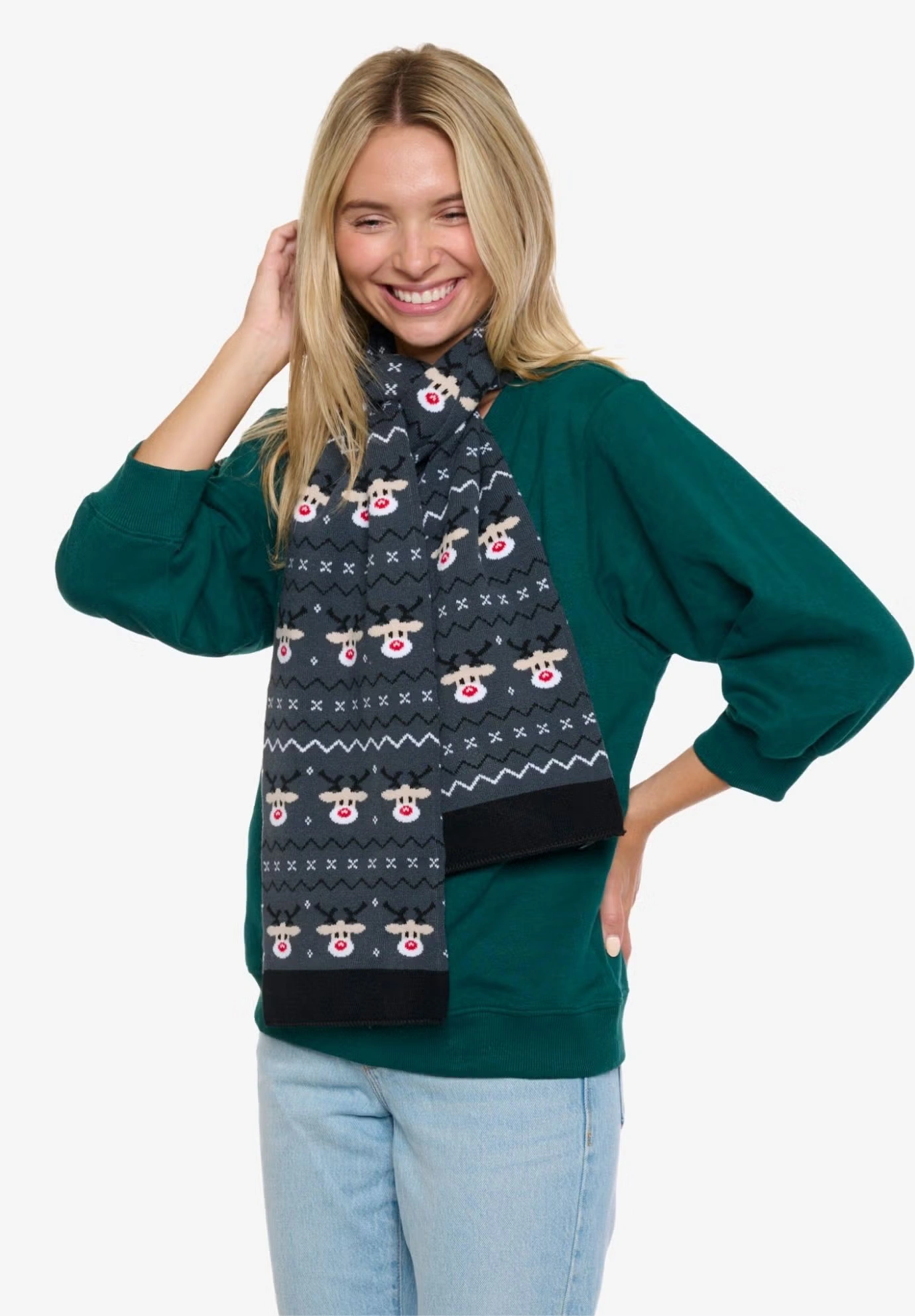 Womens Christmas Reindeer Knit Scarf 70" Fair Isle Double Sided Print