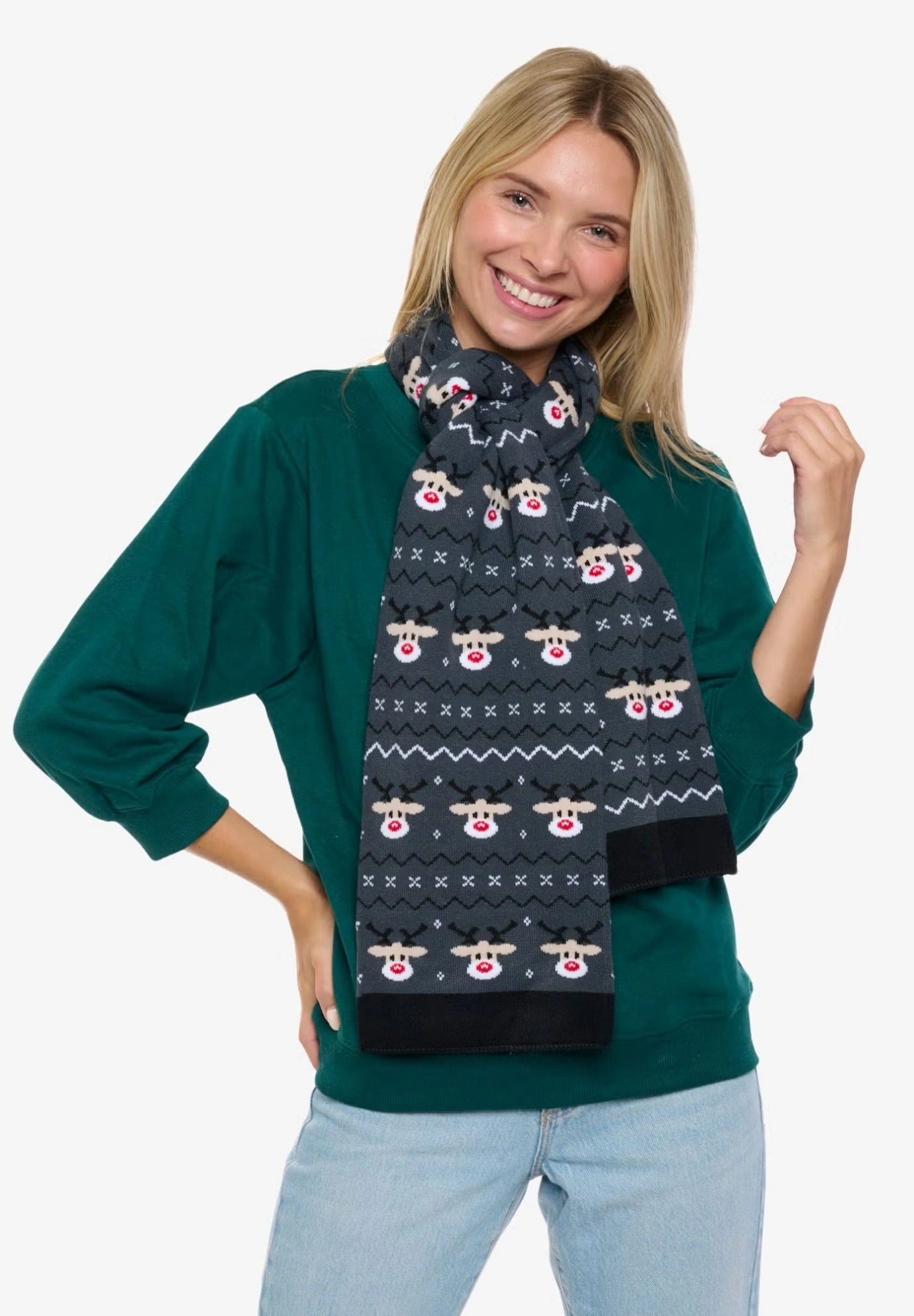 Womens Christmas Reindeer Knit Scarf 70" Fair Isle Double Sided Print