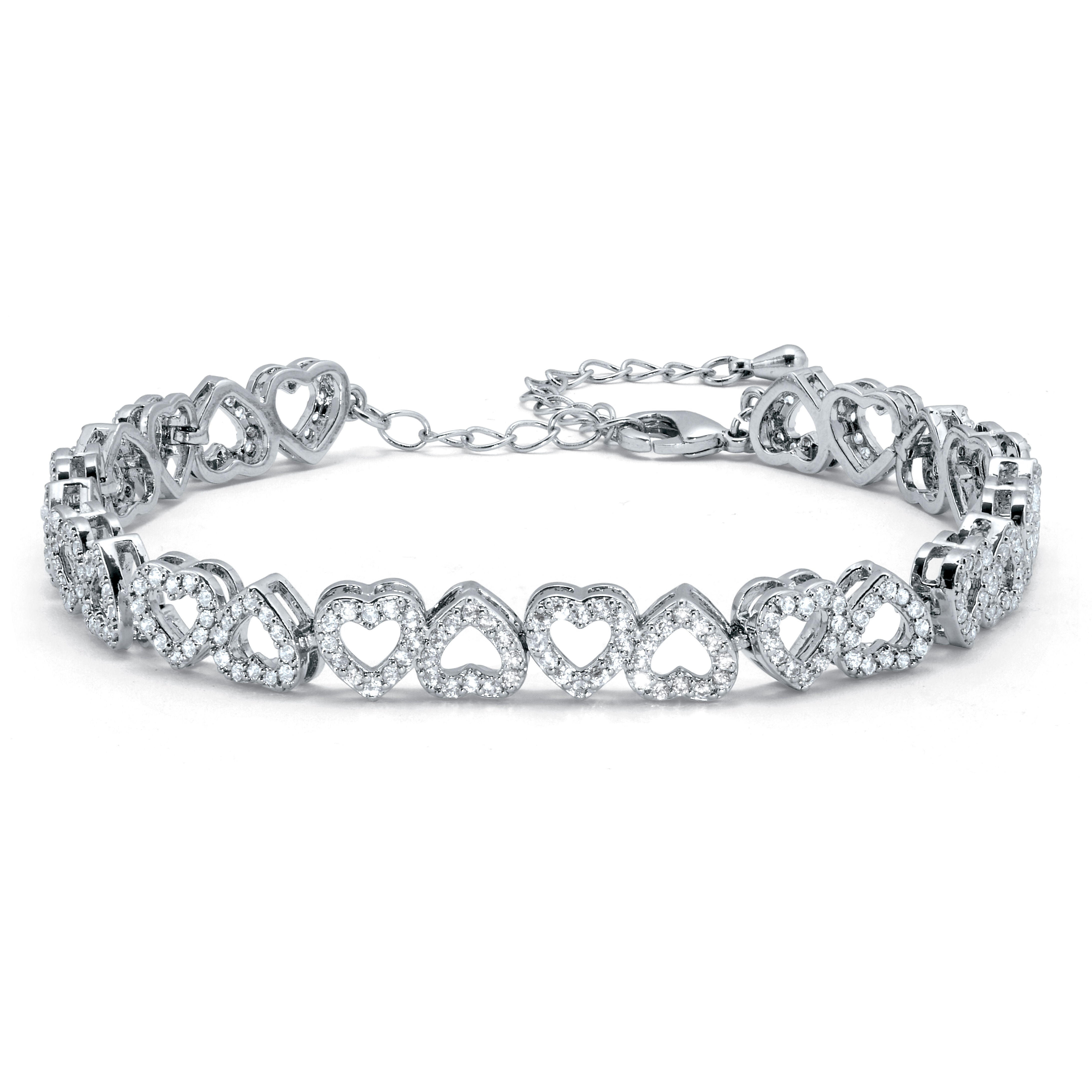Round Crystal Heart Silvertone Bracelet 7-inch