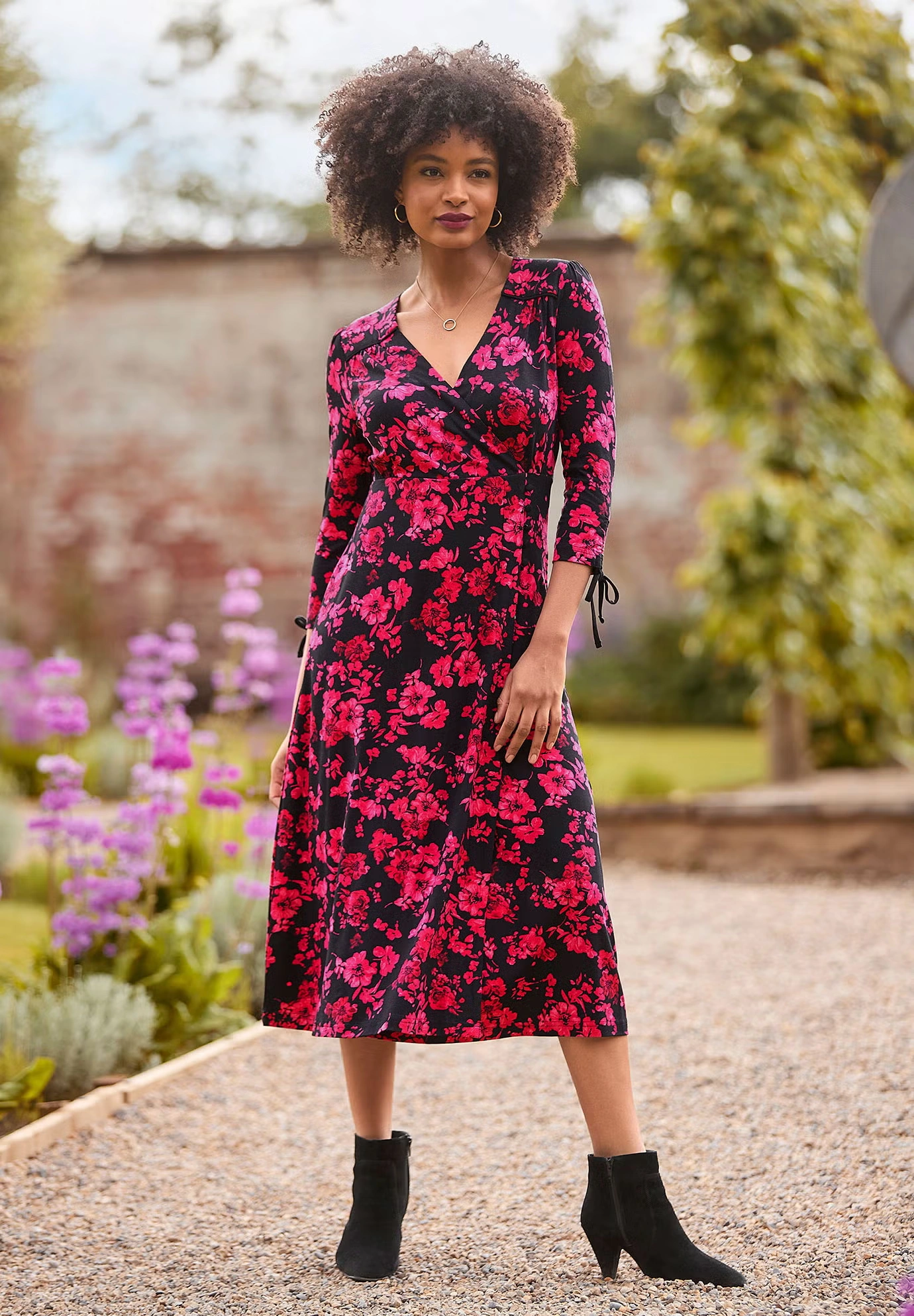 Stretch Knit Faux Wrap Midi Dress