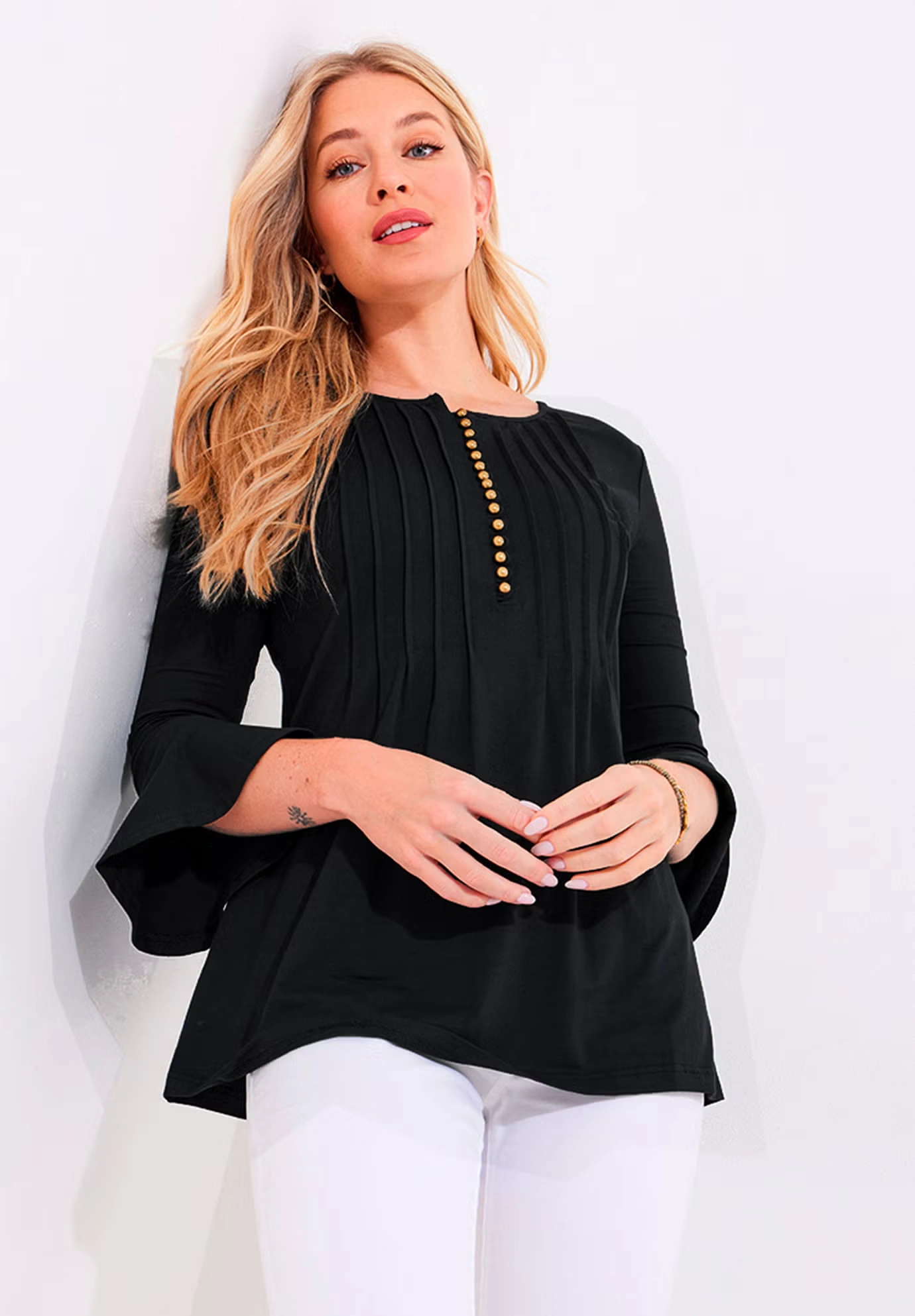 Stretch Cotton Bell Sleeve Henley