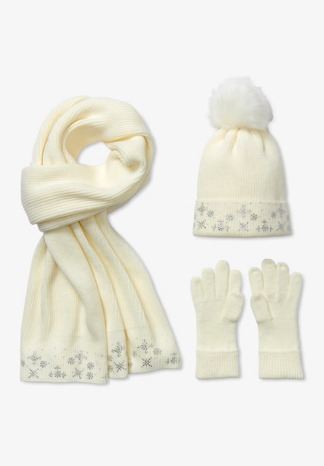 3 Piece Embellished Hat, Scarf And Gloves Set