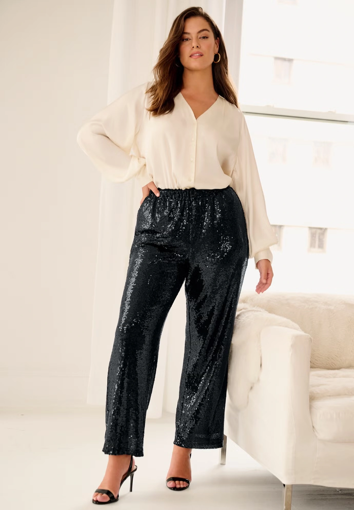 Relaxed Sequin Pants with Elastic Waist