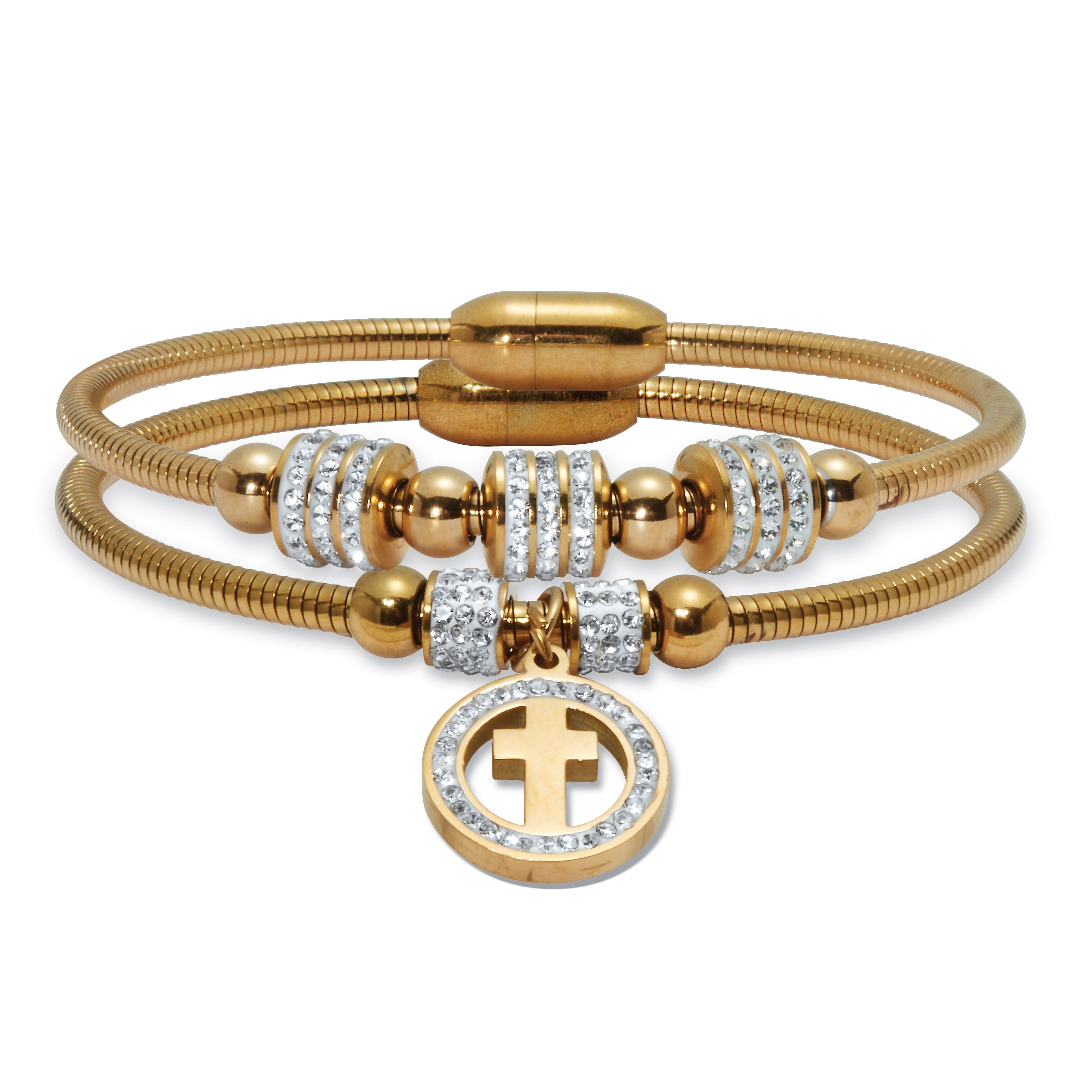 Round Crystal Gold Ion-Plated Stainless Steel Cross Charm Bracelet Set 7-inch