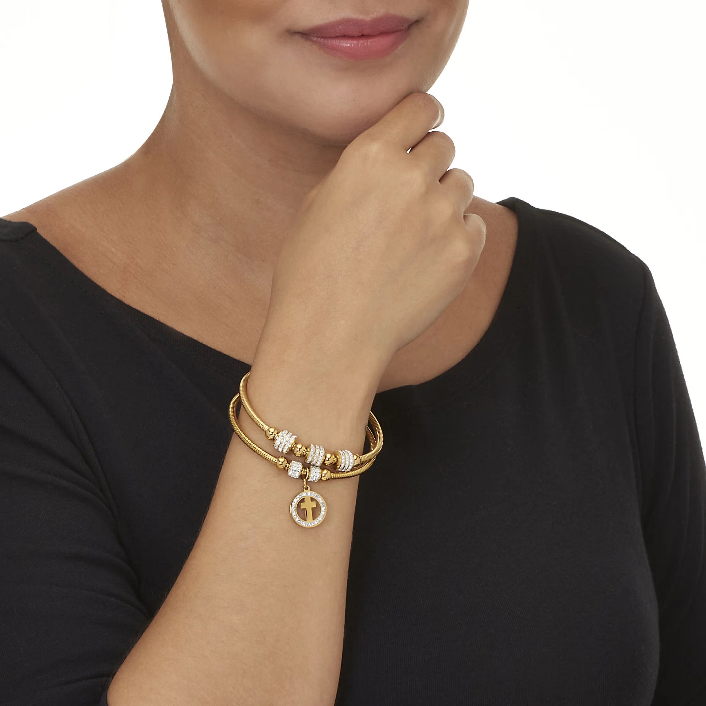 Round Crystal Gold Ion-Plated Stainless Steel Cross Charm Bracelet Set 7-inch 3 Round Crystal Gold Ion-Plated Stainless Steel Cross Charm Bracelet Set 7-inch