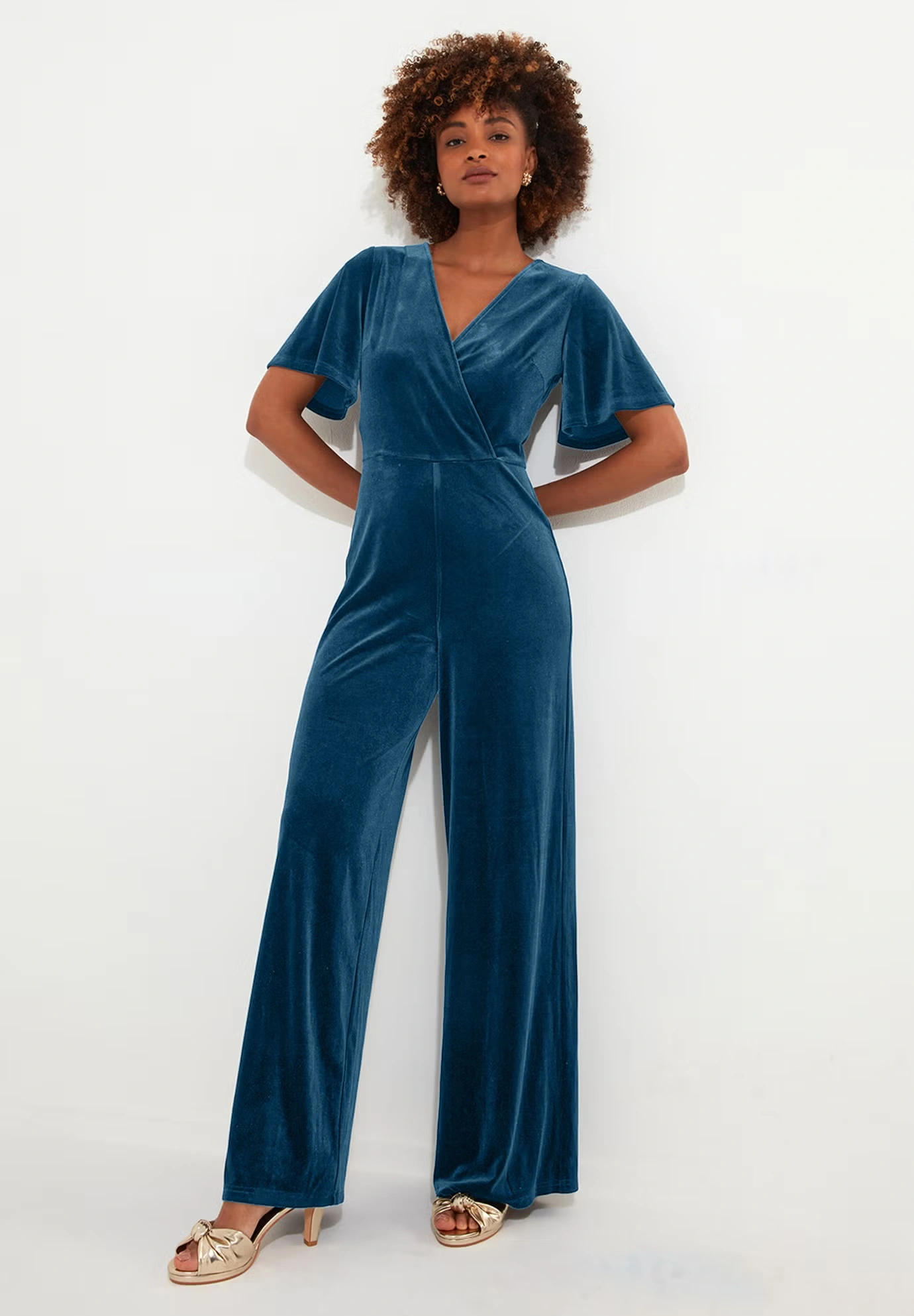 Flutter Sleeve Velvet Jumpsuit