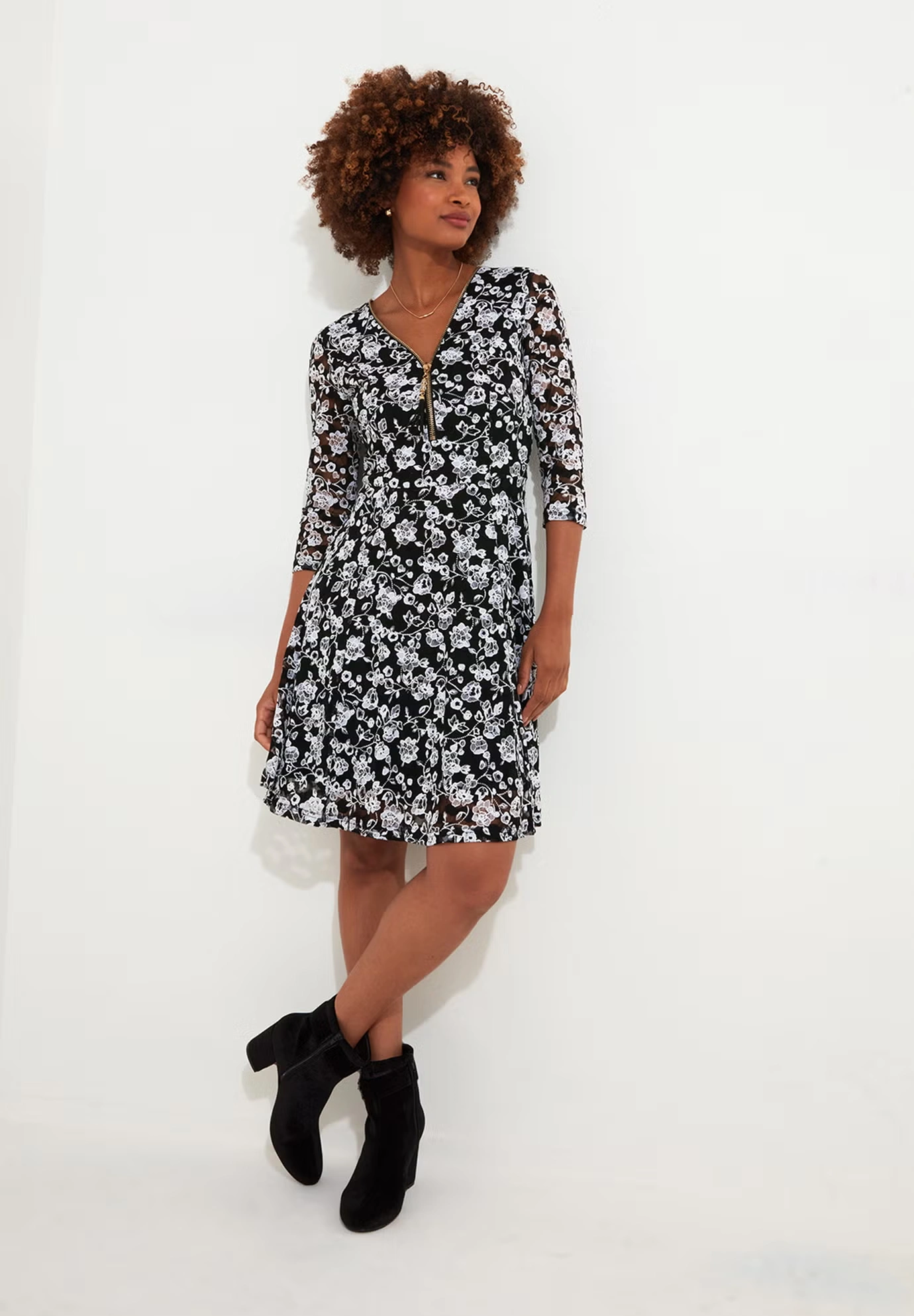 Lace Zip V-Neck Midi Dress