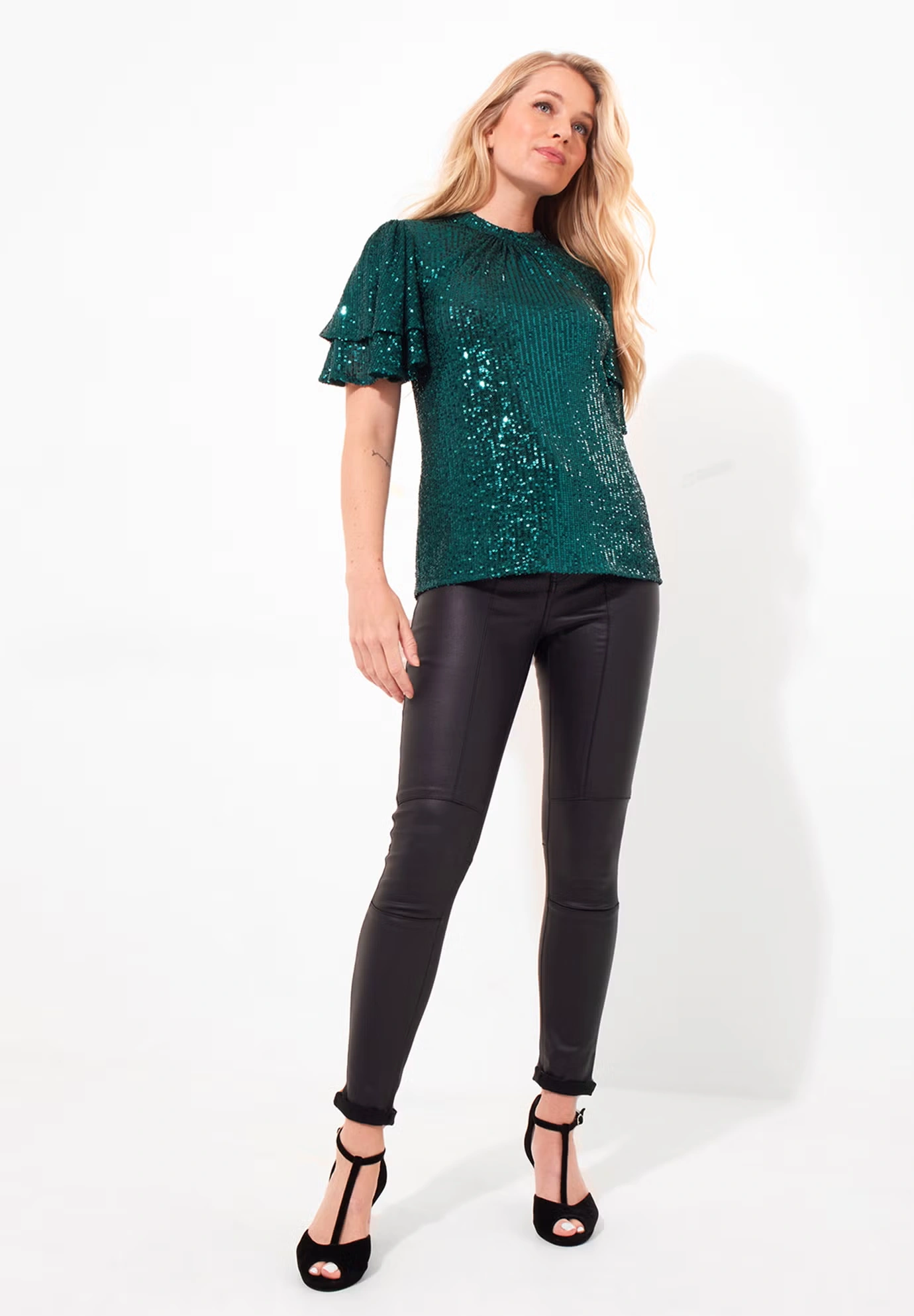 Short Flutter Sleeve Sequin Top