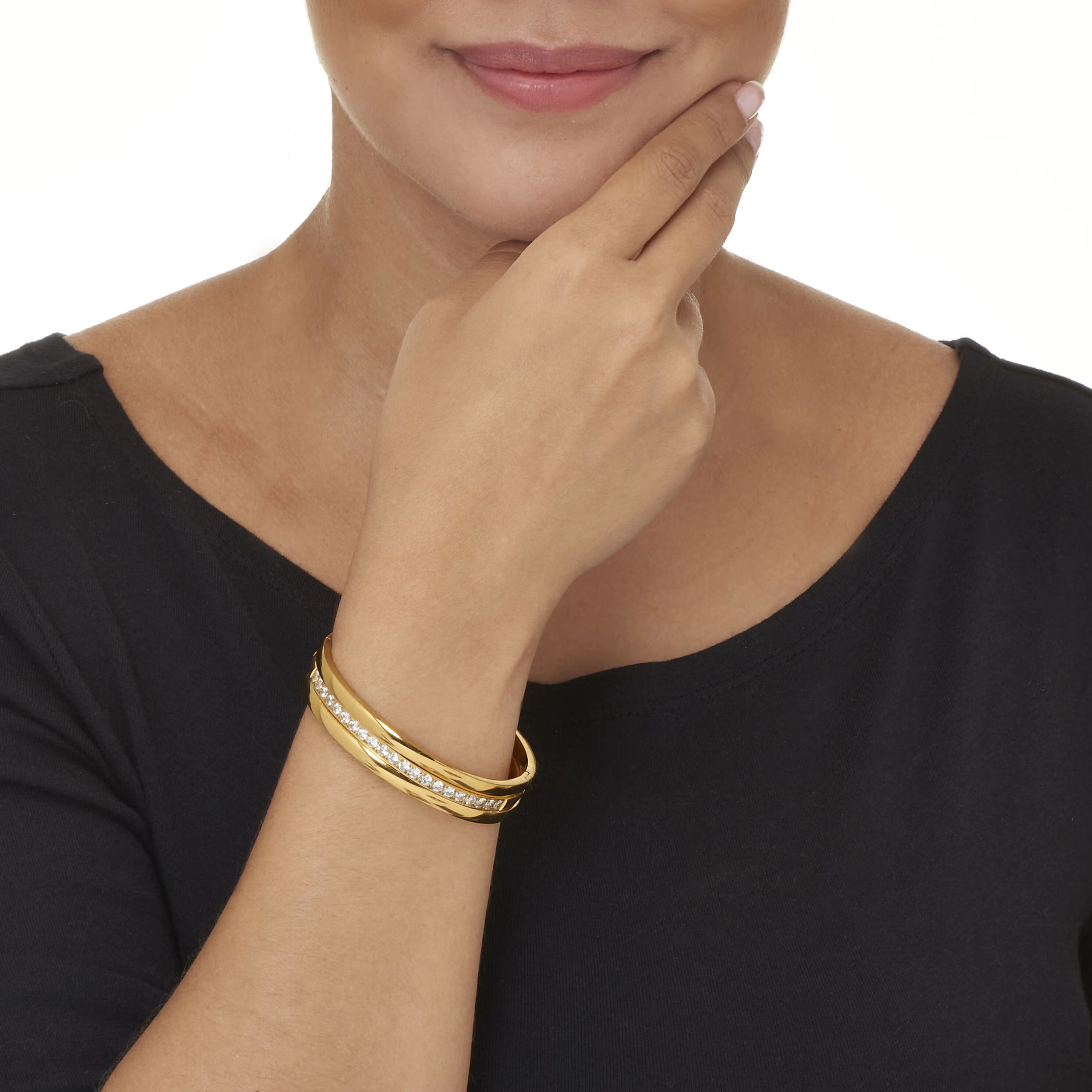 Round Crystal Yellow Gold Ion-Plated Stainless Steel Bangle Bracelet Set 7-inch 3 Round Crystal Yellow Gold Ion-Plated Stainless Steel Bangle Bracelet Set 7-inch