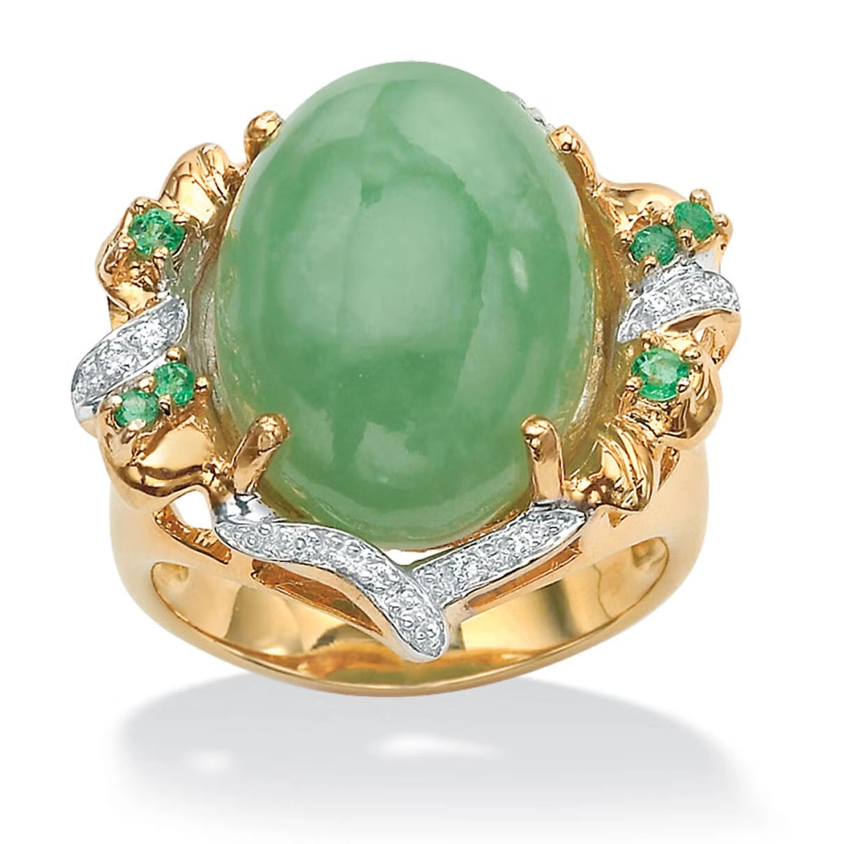.28 TCW Emerald, CZ and Jade Ring in Gold-Plated .925 Sterling Silver