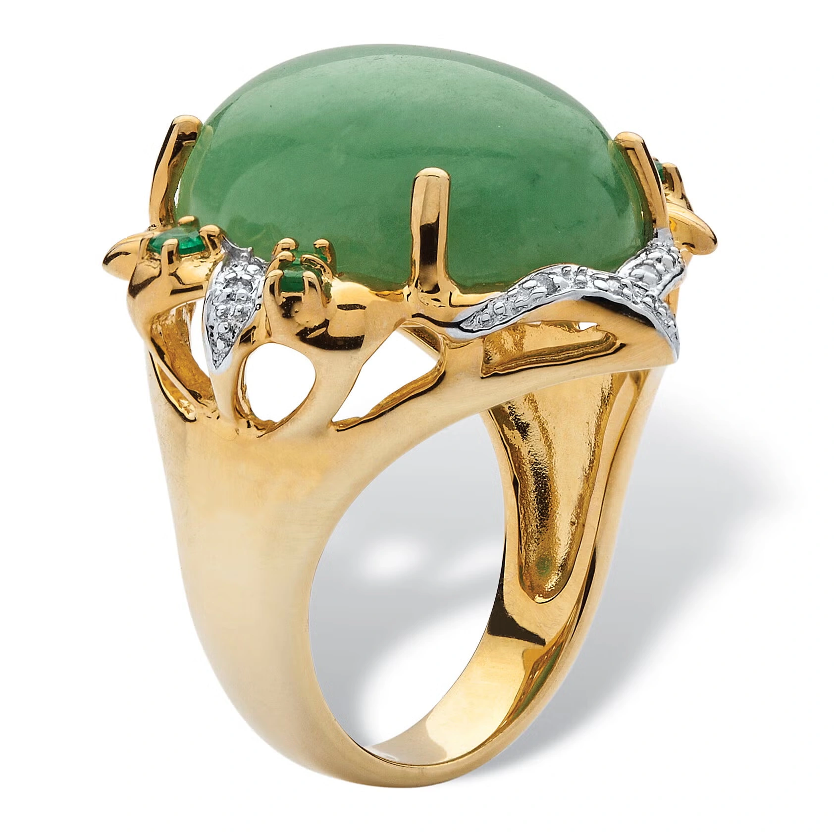.28 TCW Emerald, CZ and Jade Ring in Gold-Plated .925 Sterling Silver
