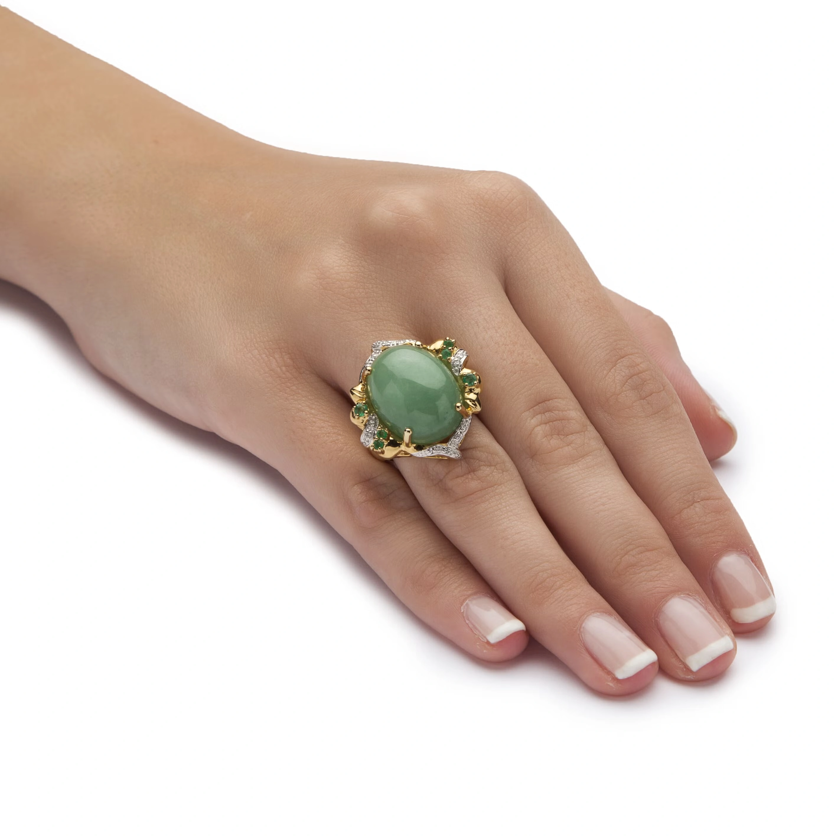 .28 TCW Emerald, CZ and Jade Ring in Gold-Plated .925 Sterling Silver