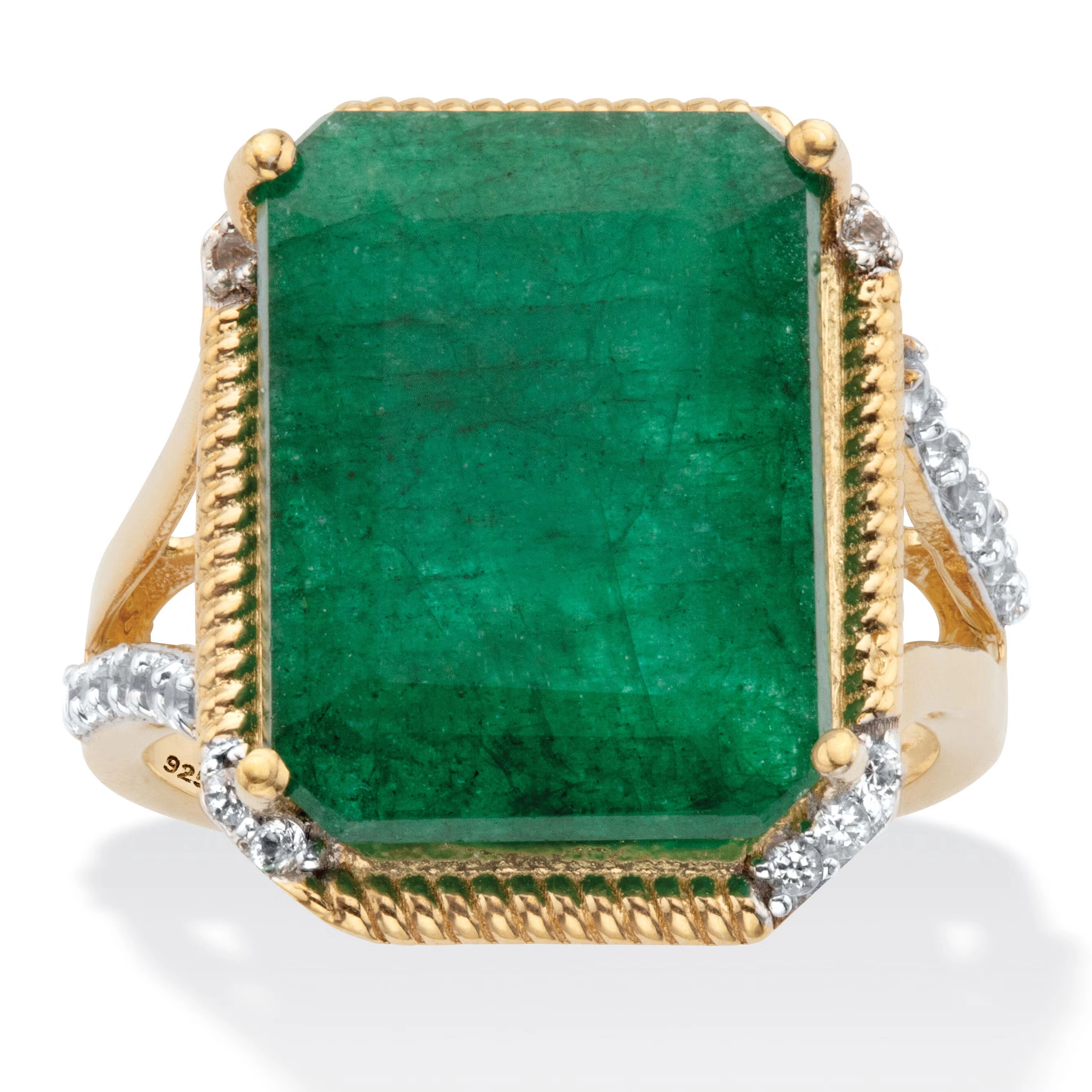 9.05 Cttw. Green Emerald and White Topaz Two-Tone Gold-Plated Silver Ring