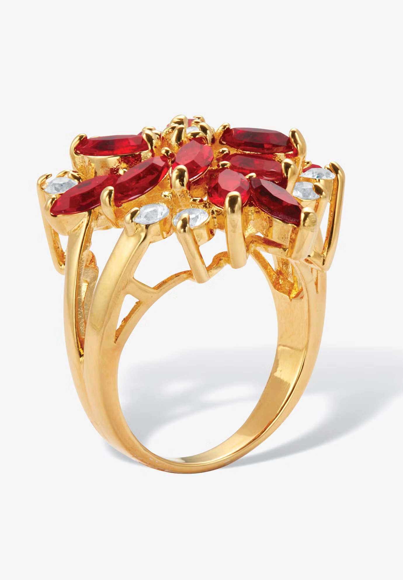 Red Crystal 18K Gold-Plated Flower Cocktail Ring