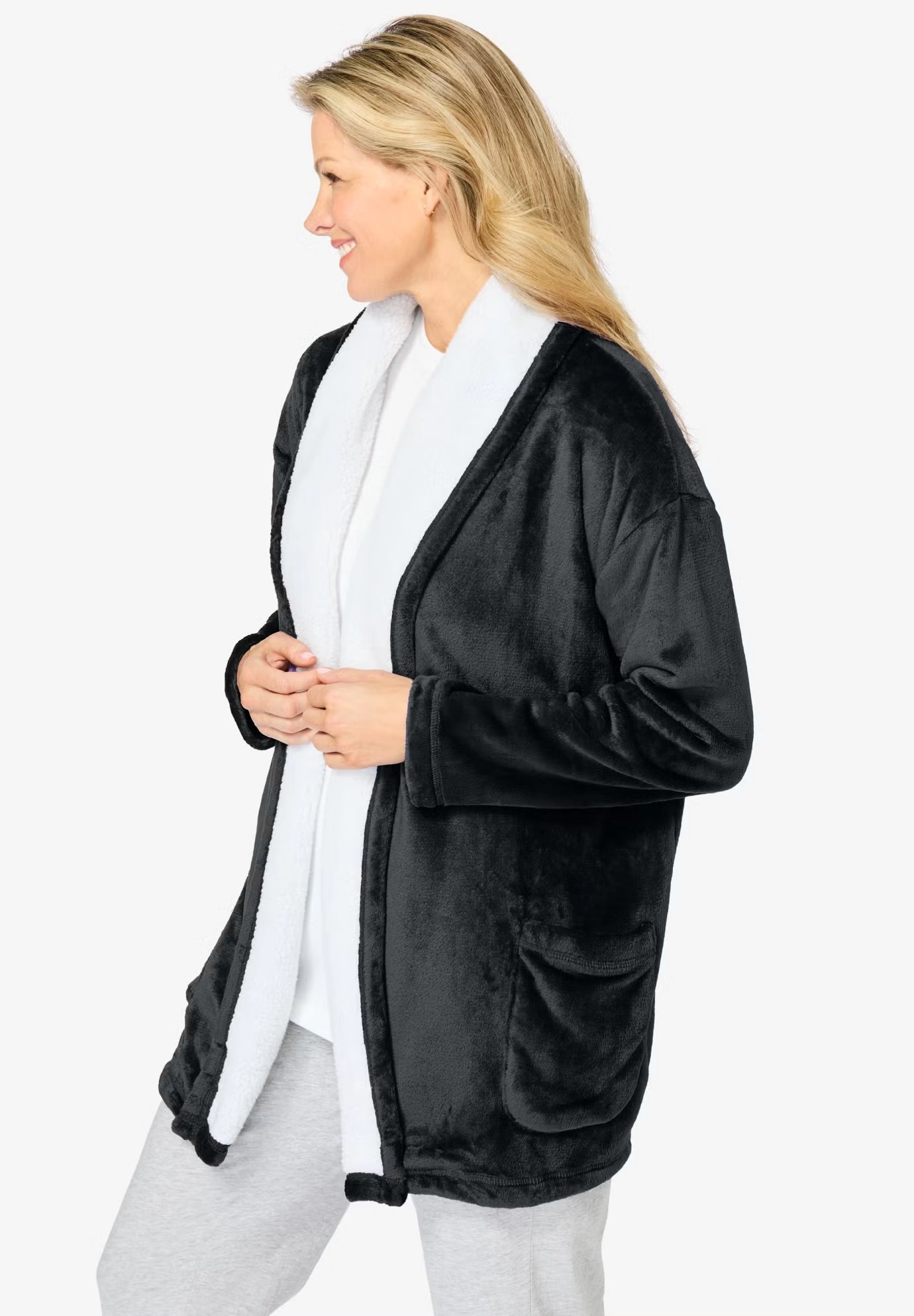 Sherpa Lined Collar Microfleece Bed Jacket 3 Sherpa Lined Collar Microfleece Bed Jacket