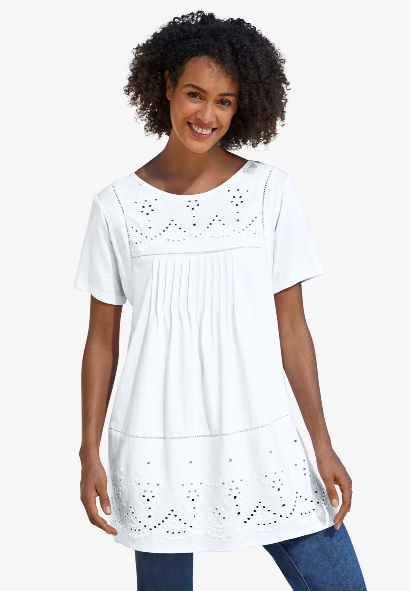 Embroidered Eyelet Pintucked Tunic