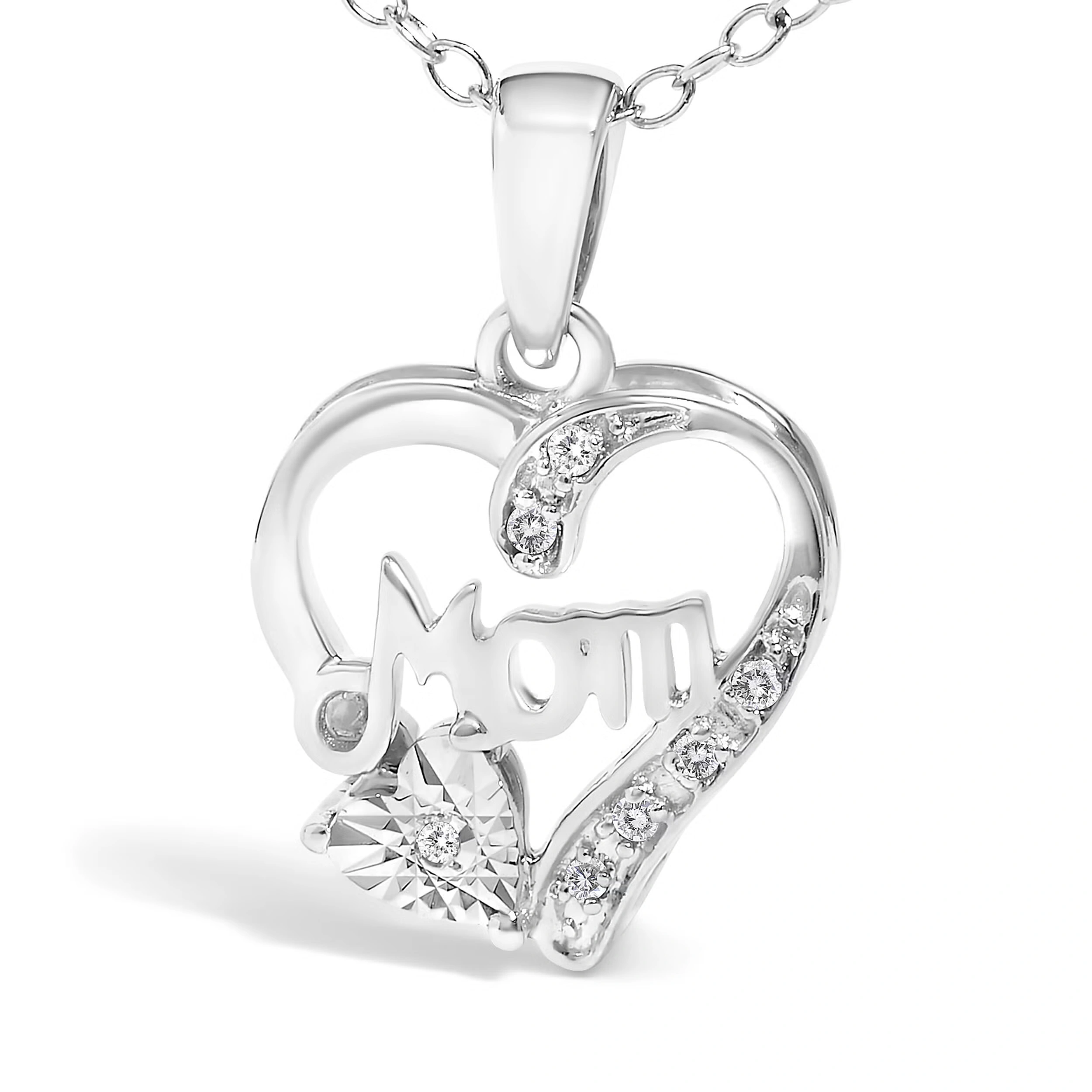 .925 Sterling Silver Diamond Accent Mom with Heart Pendant Necklace