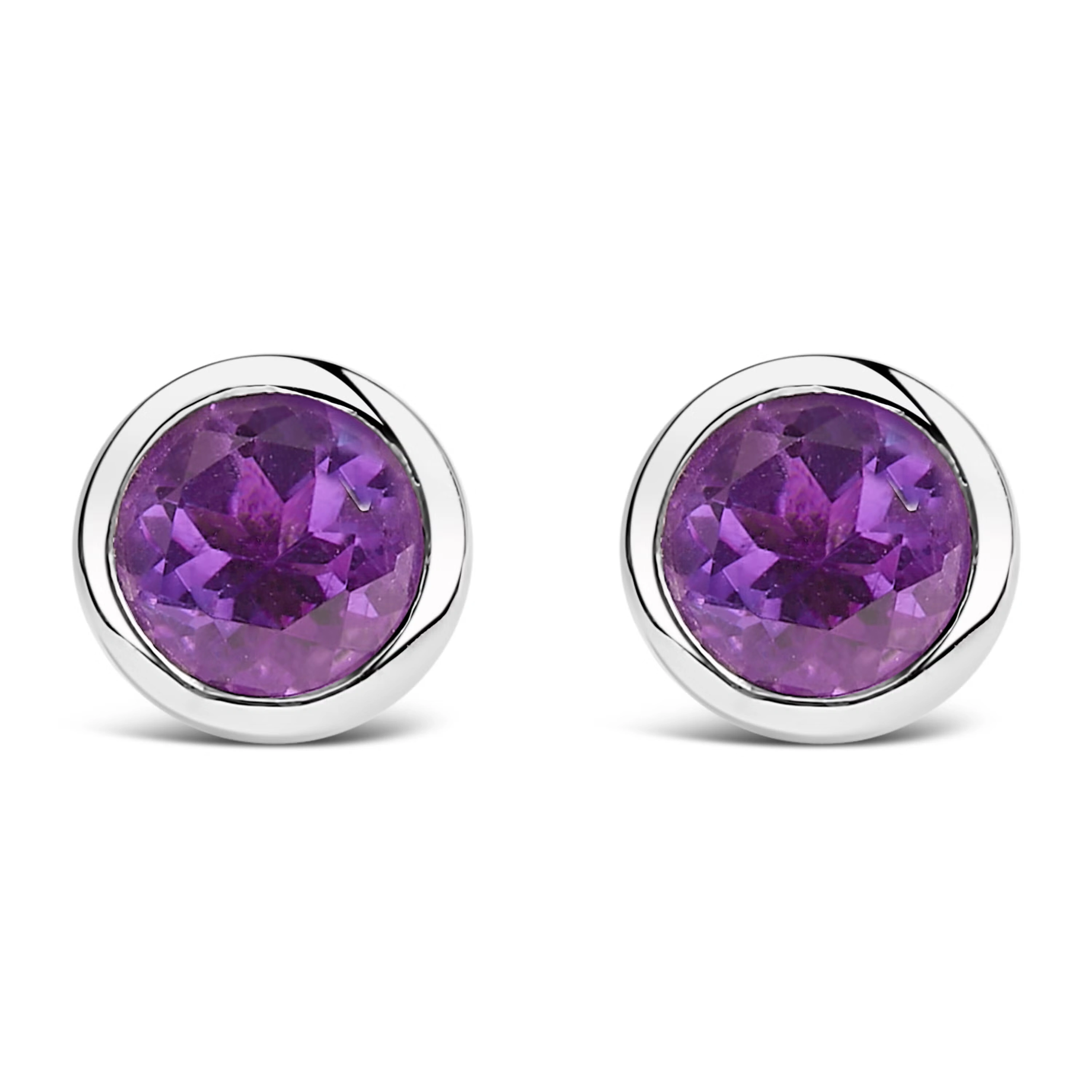 .925 Sterling Silver 6MM Bezel Set Created Purple Amethyst Solitaire Stud Earrings