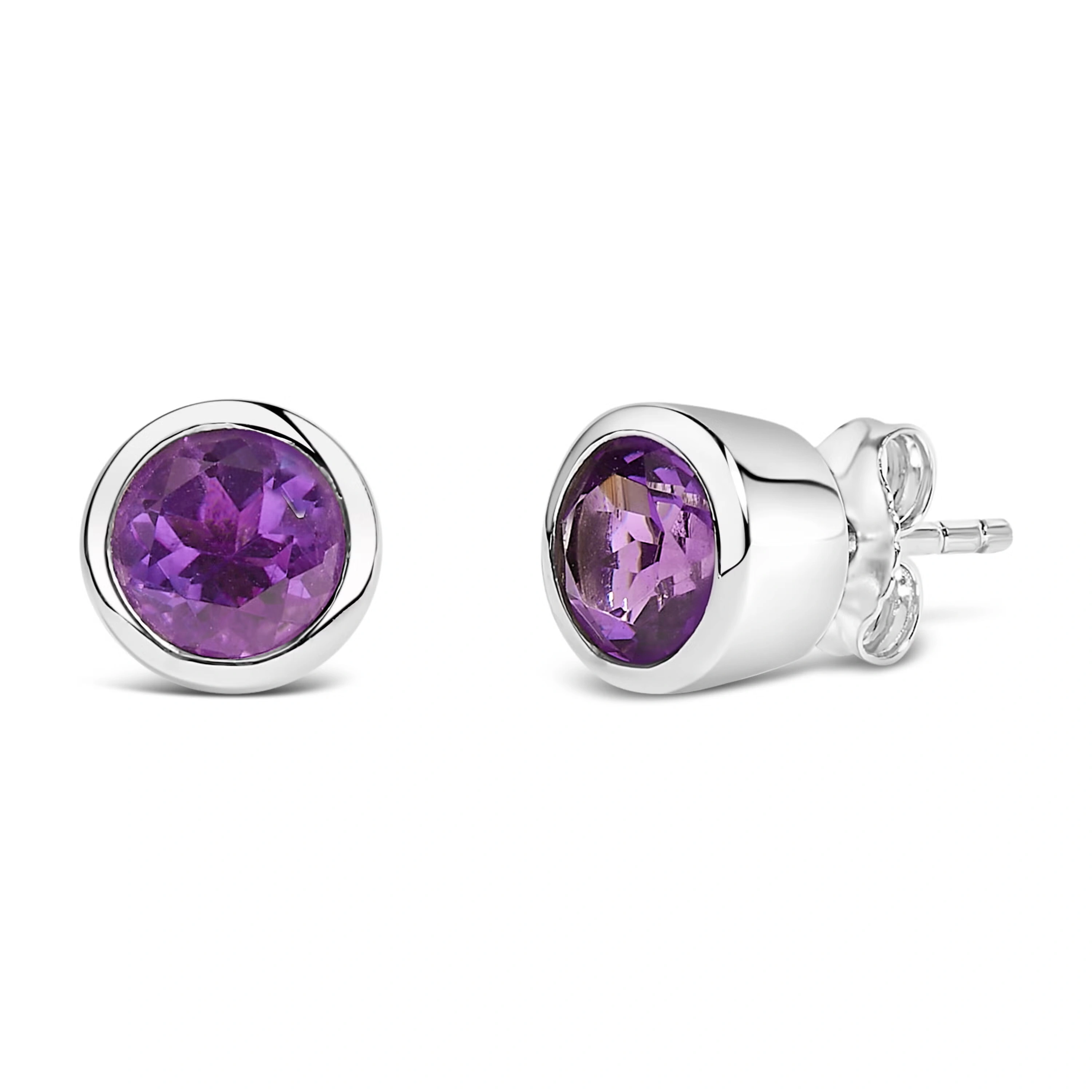 .925 Sterling Silver 6MM Bezel Set Created Purple Amethyst Solitaire Stud Earrings