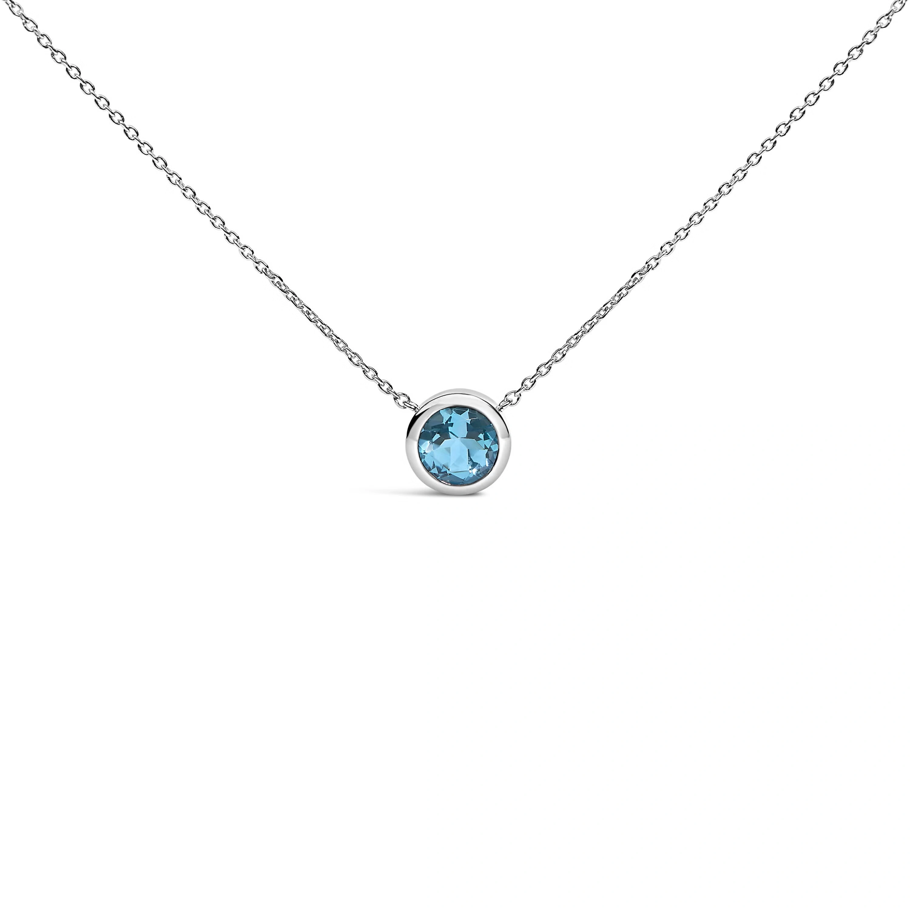 .925 Sterling Silver 7MM Bezel Set Created Blue Topaz Pendant Necklace - 18" Inches