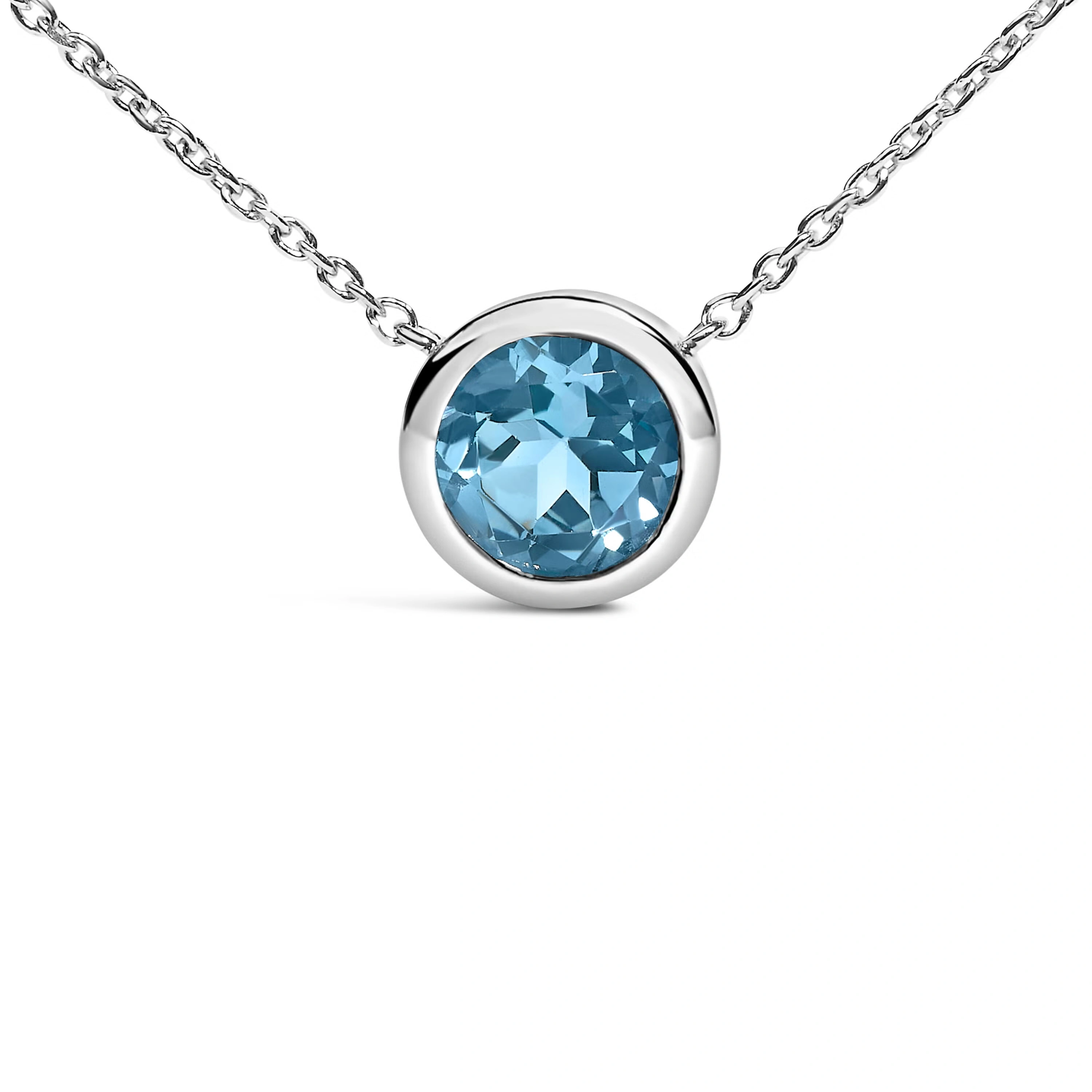 .925 Sterling Silver 7MM Bezel Set Created Blue Topaz Pendant Necklace - 18" Inches