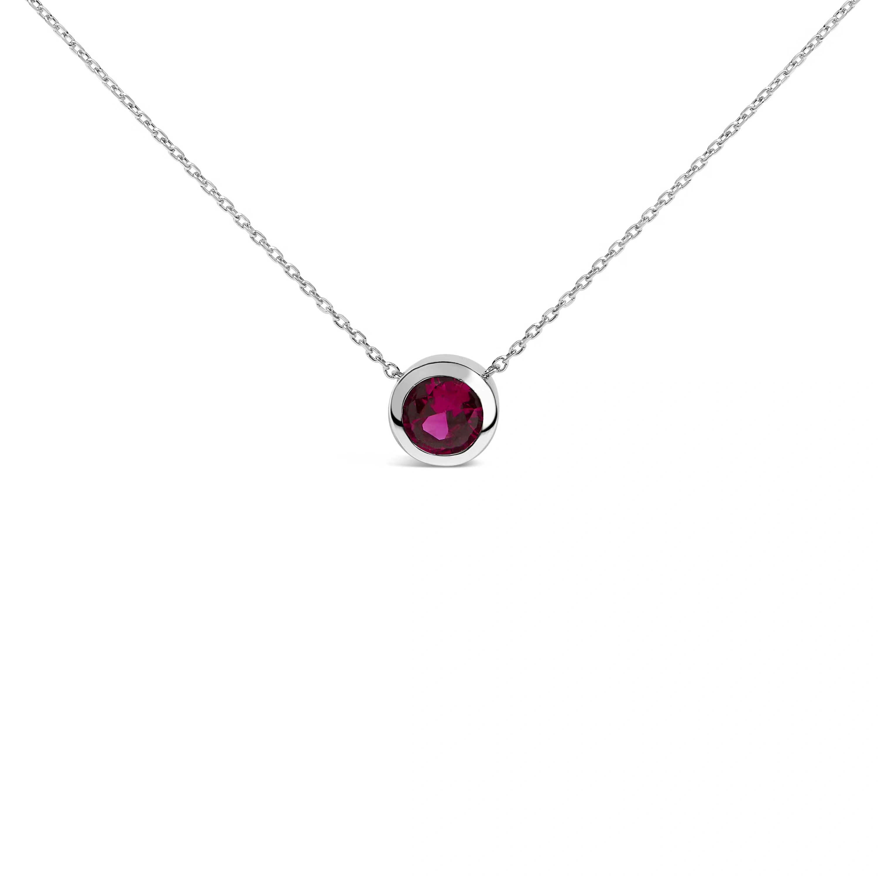 .925 Sterling Silver 7MM Bezel Set Created Red Ruby Pendant Necklace - 18" Inches