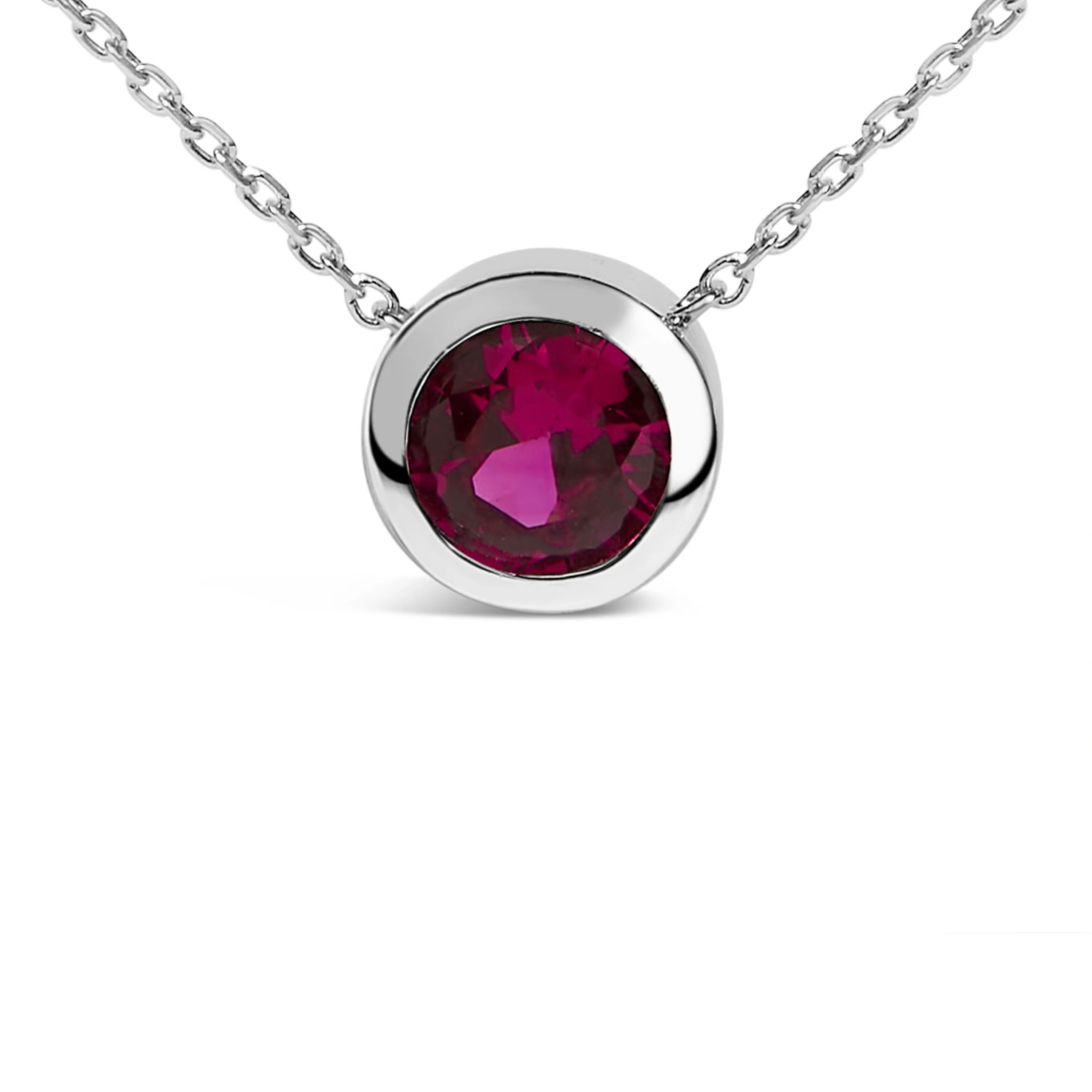 .925 Sterling Silver 7MM Bezel Set Created Red Ruby Pendant Necklace - 18" Inches