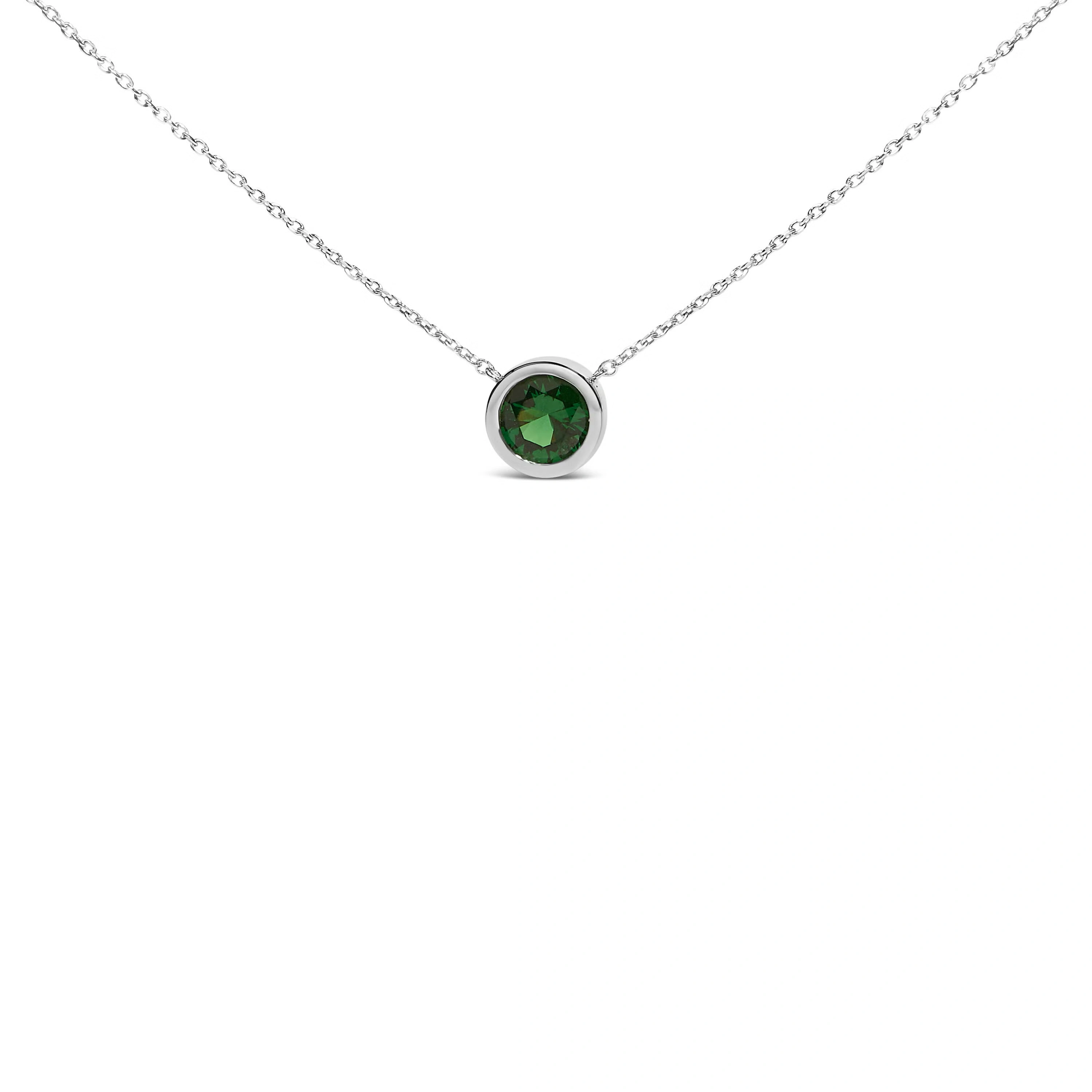 .925 Sterling Silver 7MM Bezel Set Created Green Emerald Pendant Necklace - 18" Inches