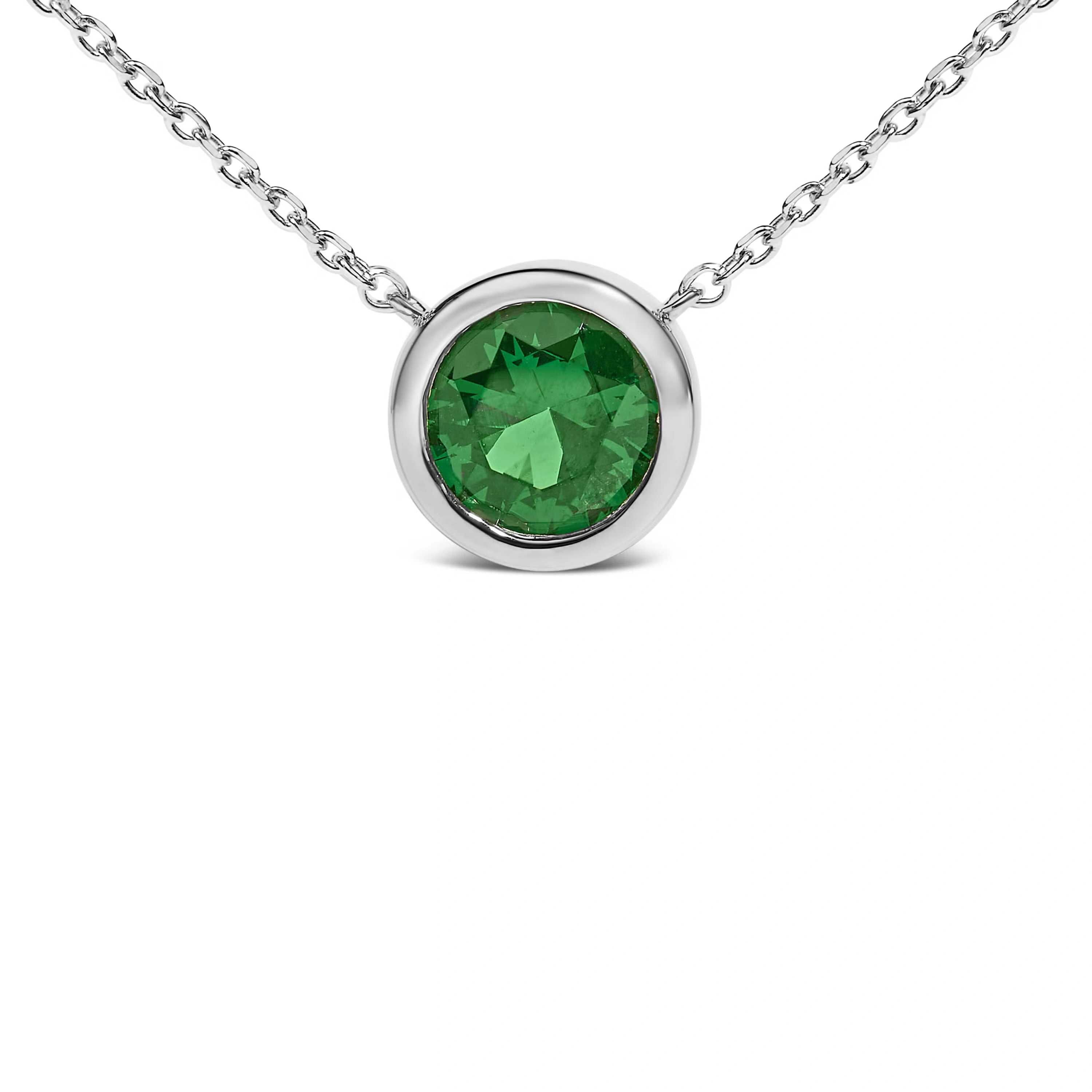 .925 Sterling Silver 7MM Bezel Set Created Green Emerald Pendant Necklace - 18" Inches