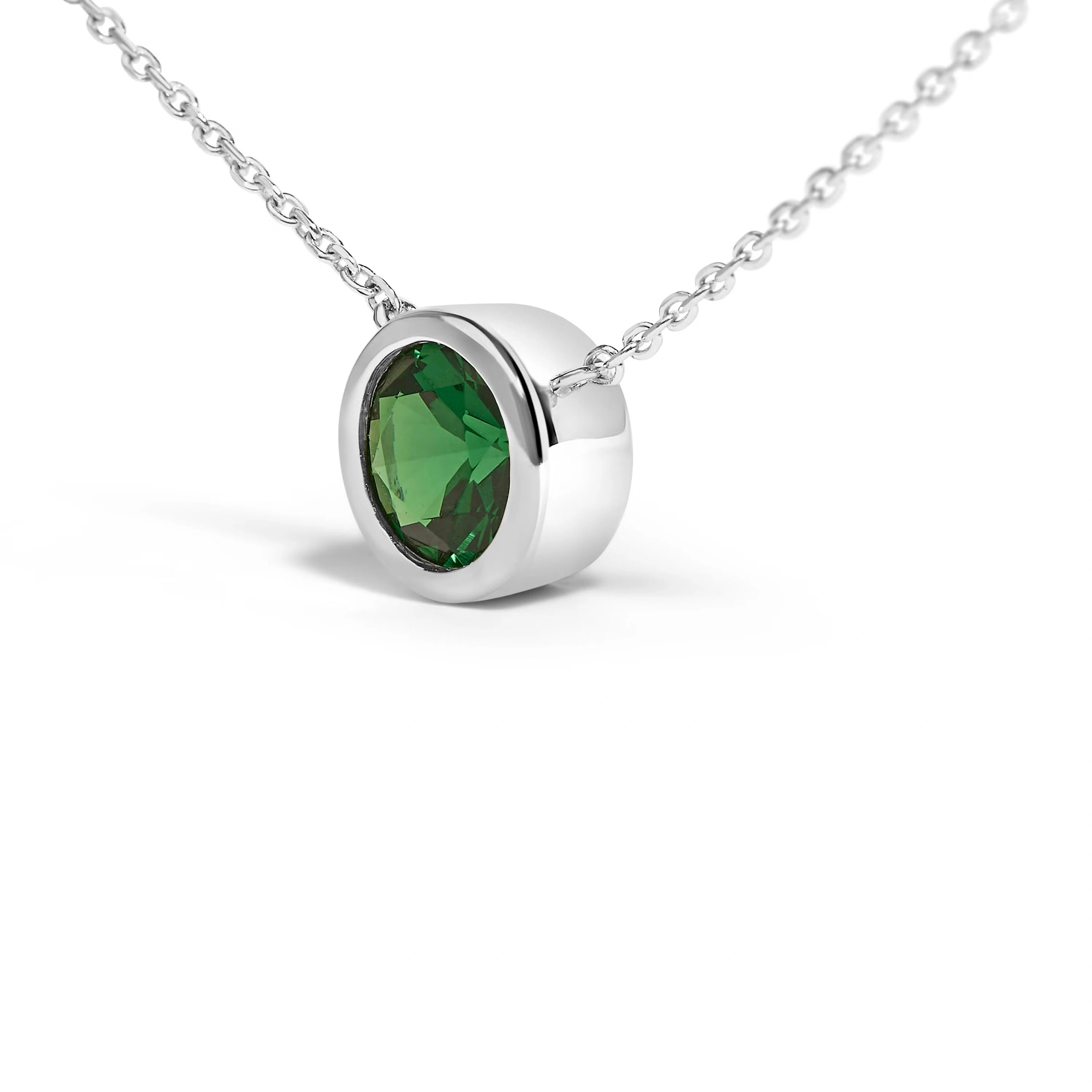 .925 Sterling Silver 7MM Bezel Set Created Green Emerald Pendant Necklace - 18" Inches 3 .925 Sterling Silver 7MM Bezel Set Created Green Emerald Pendant Necklace - 18" Inches