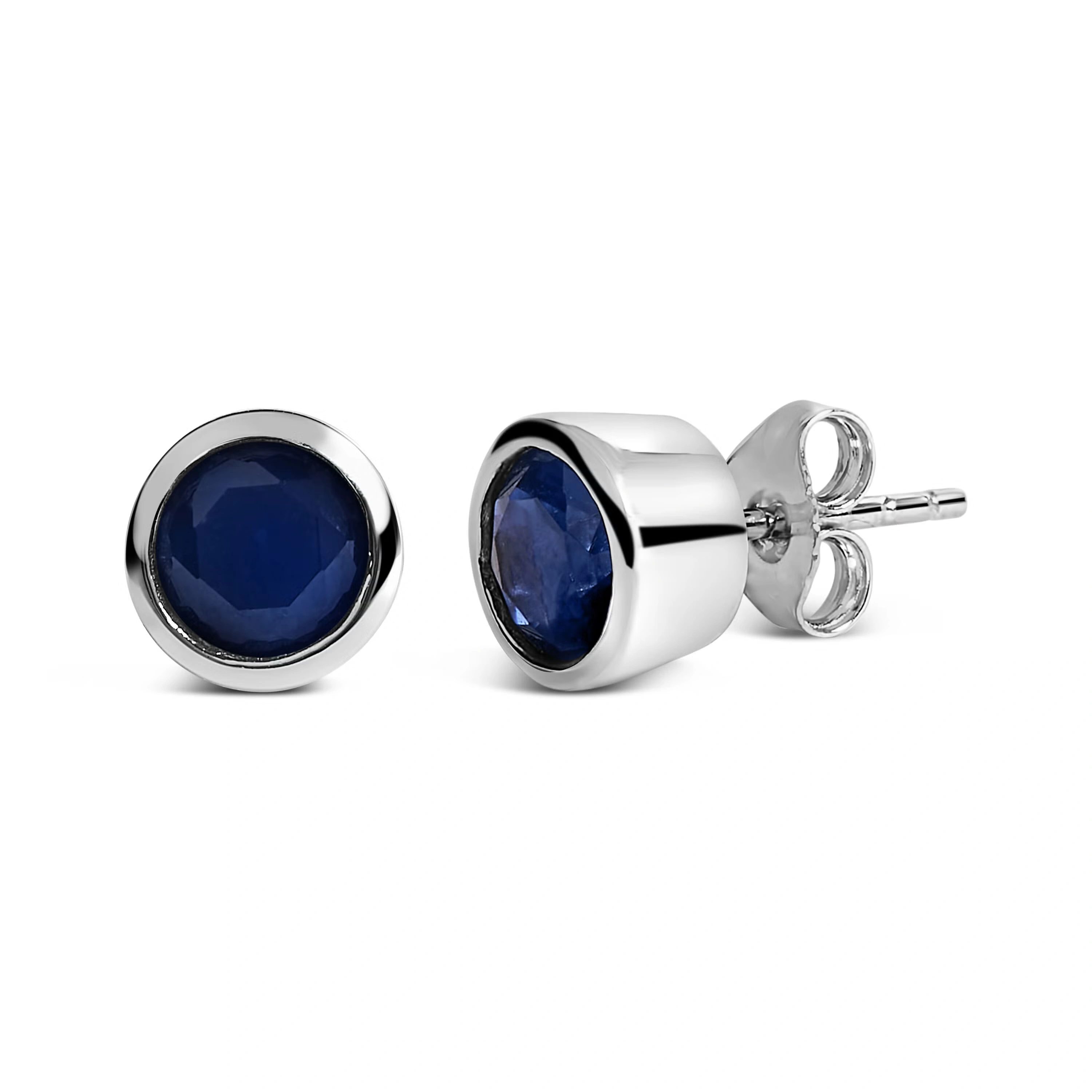 .925 Sterling Silver 6MM Bezel Set Created Blue Sapphire Solitaire Stud Earrings