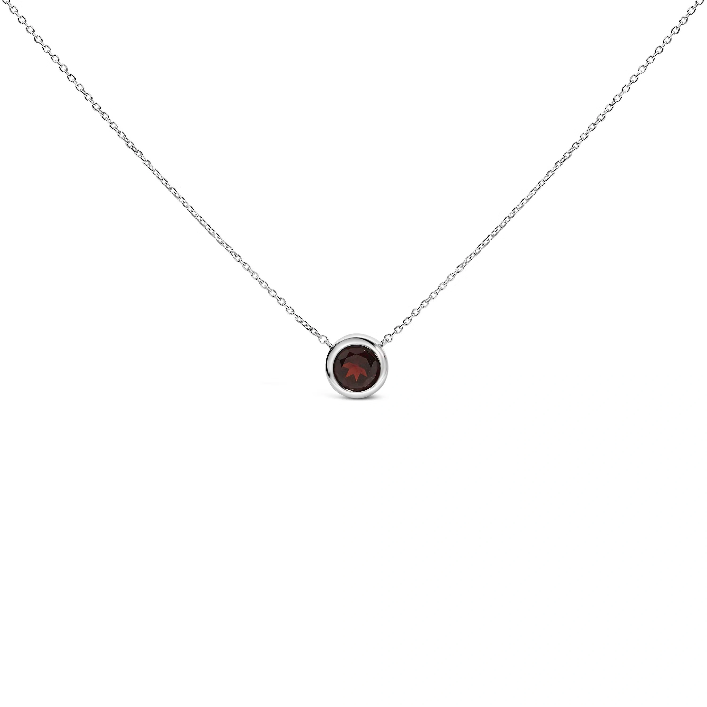 .925 Sterling Silver 7MM Bezel Set Created Red Garnet Pendant Necklace - 18" Inches