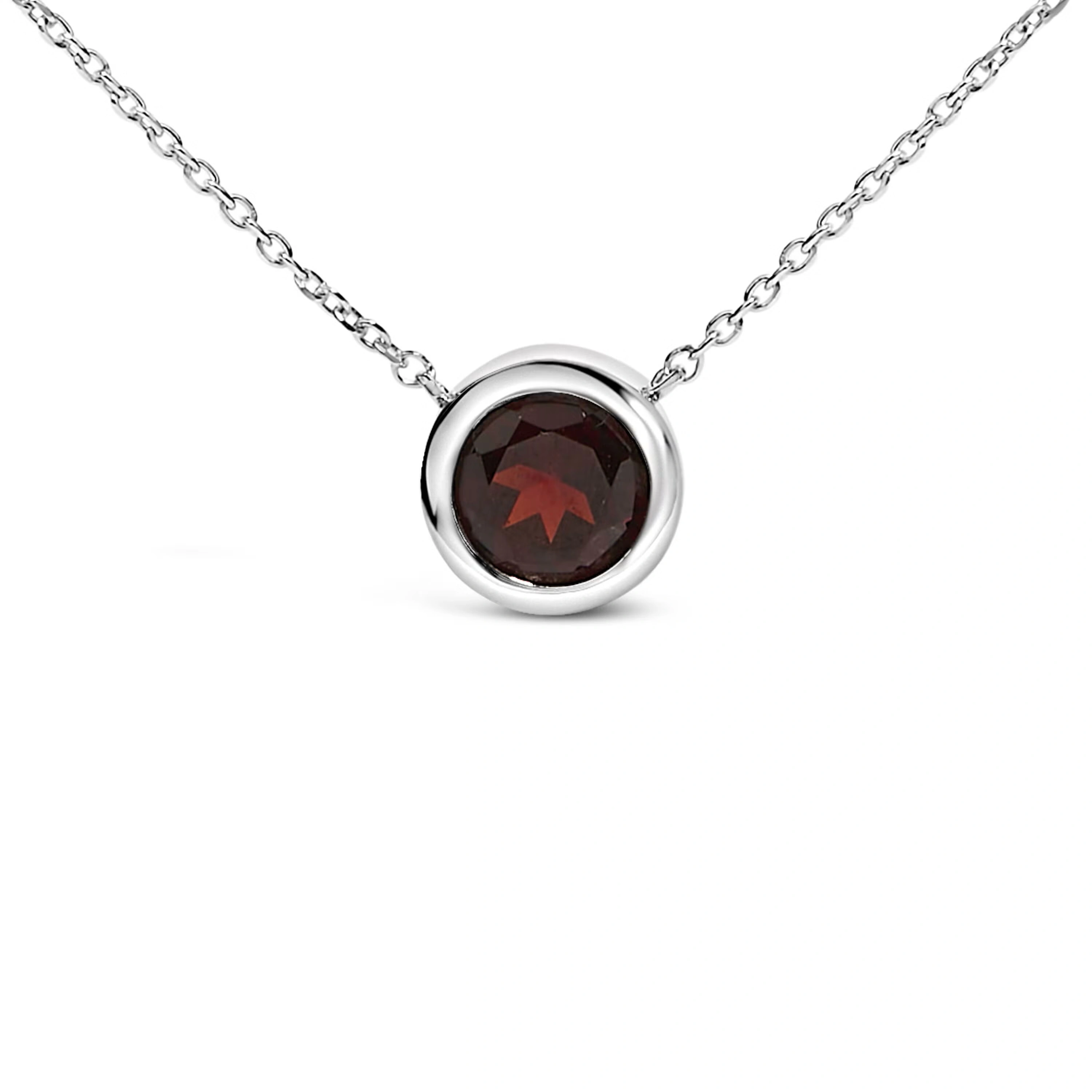 .925 Sterling Silver 7MM Bezel Set Created Red Garnet Pendant Necklace - 18" Inches