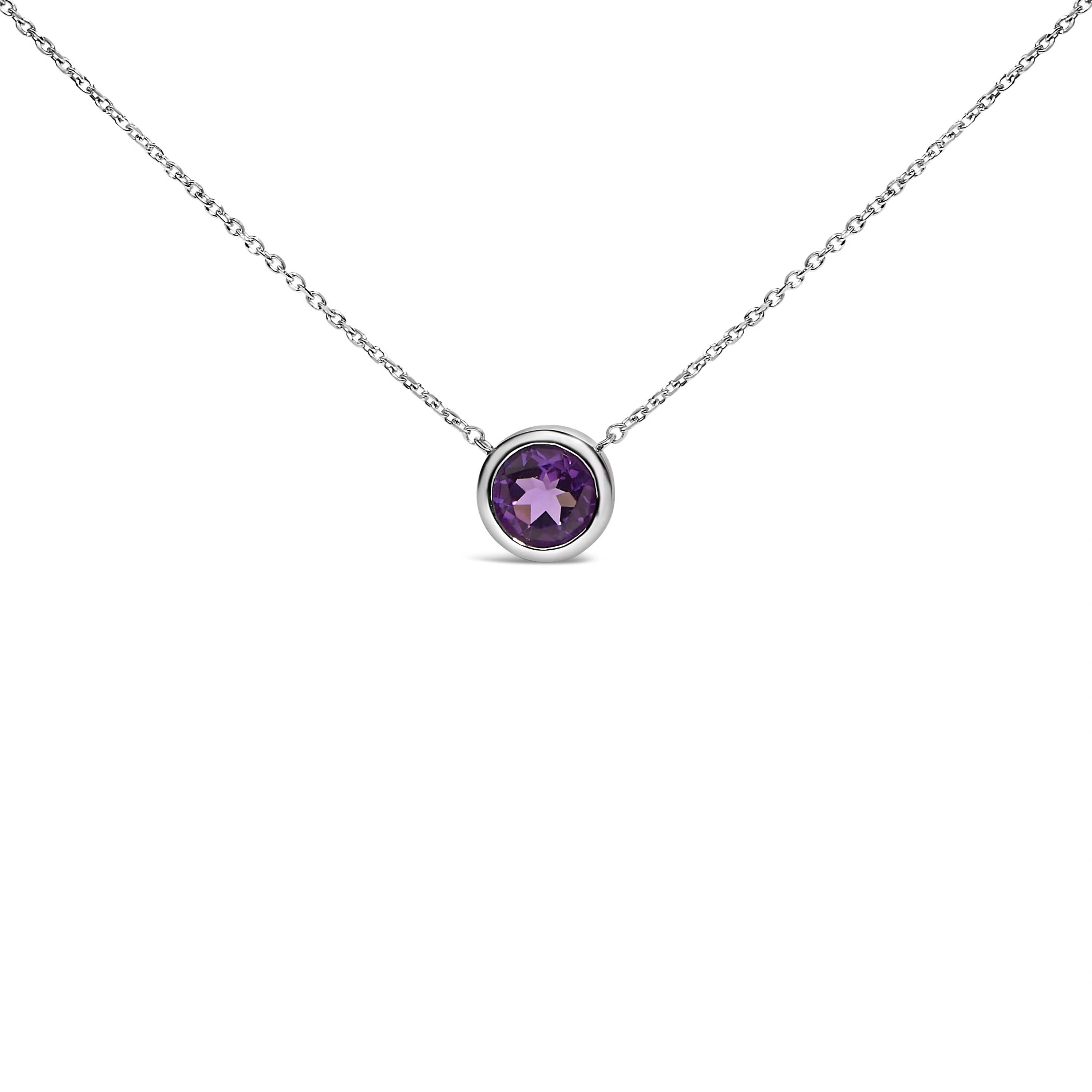 .925 Sterling Silver 7MM Bezel Set Created Purple Amethyst Pendant Necklace - 18" Inches