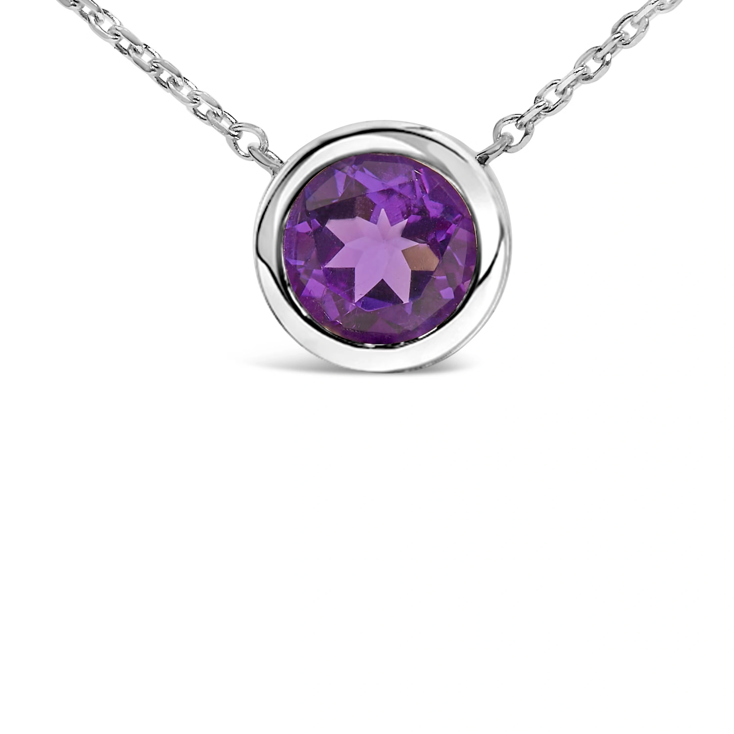 .925 Sterling Silver 7MM Bezel Set Created Purple Amethyst Pendant Necklace - 18" Inches